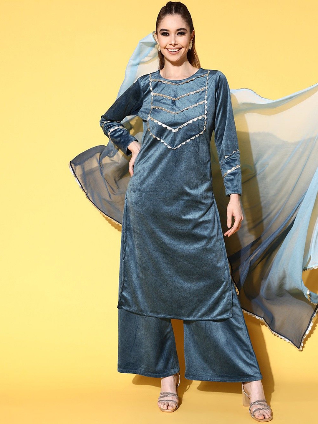 Ahalyaa Blue Yoke Design Round Neck Velvet Straight Kurta With Palazzos & Dupatta - Kurta Sets for Women 31242951 | Myntra