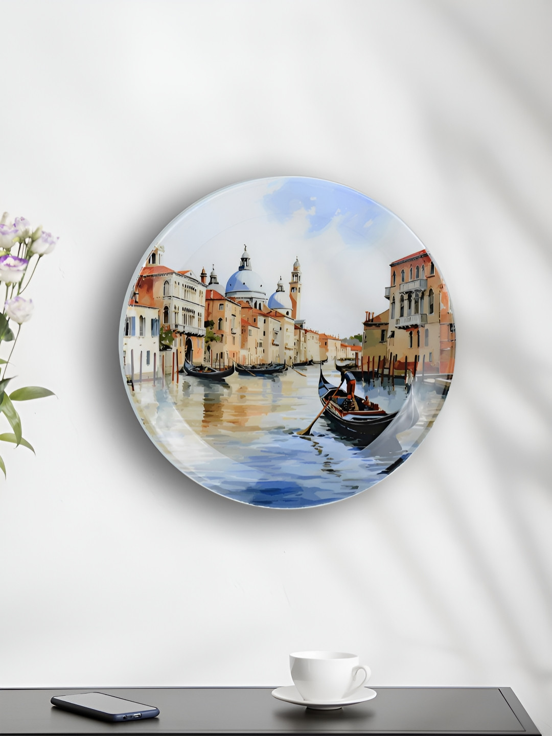 Maison Modern White & Blue Floating City Venice Printed Iron Round Wall Plates