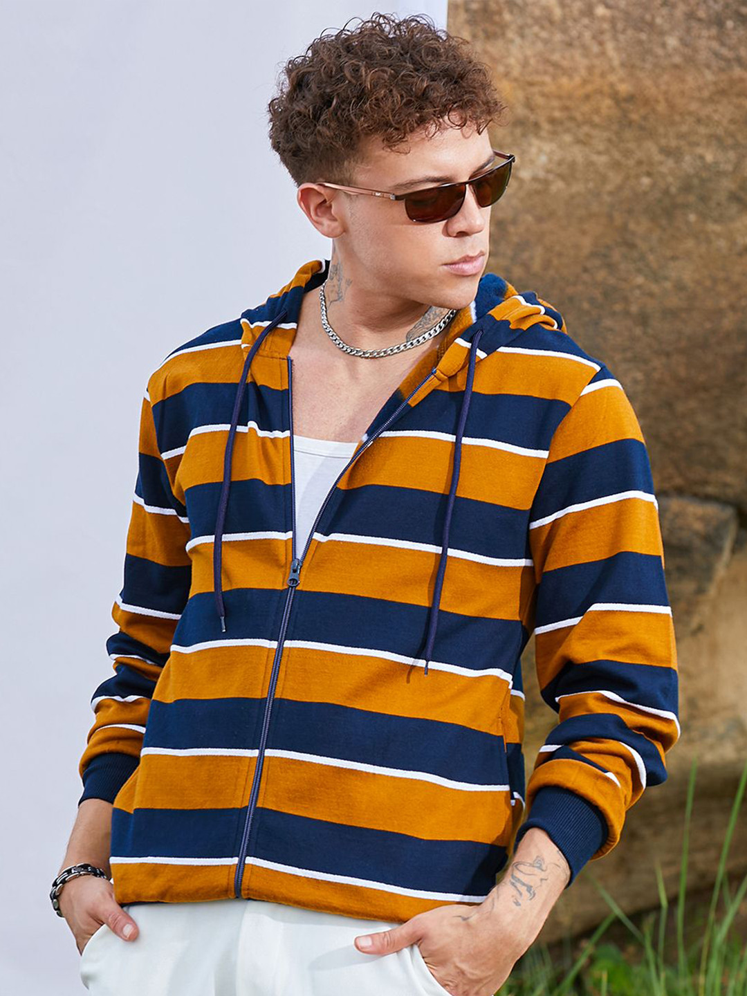 CAHOOT Men Striped Hooded Cotton Sweatshirt
