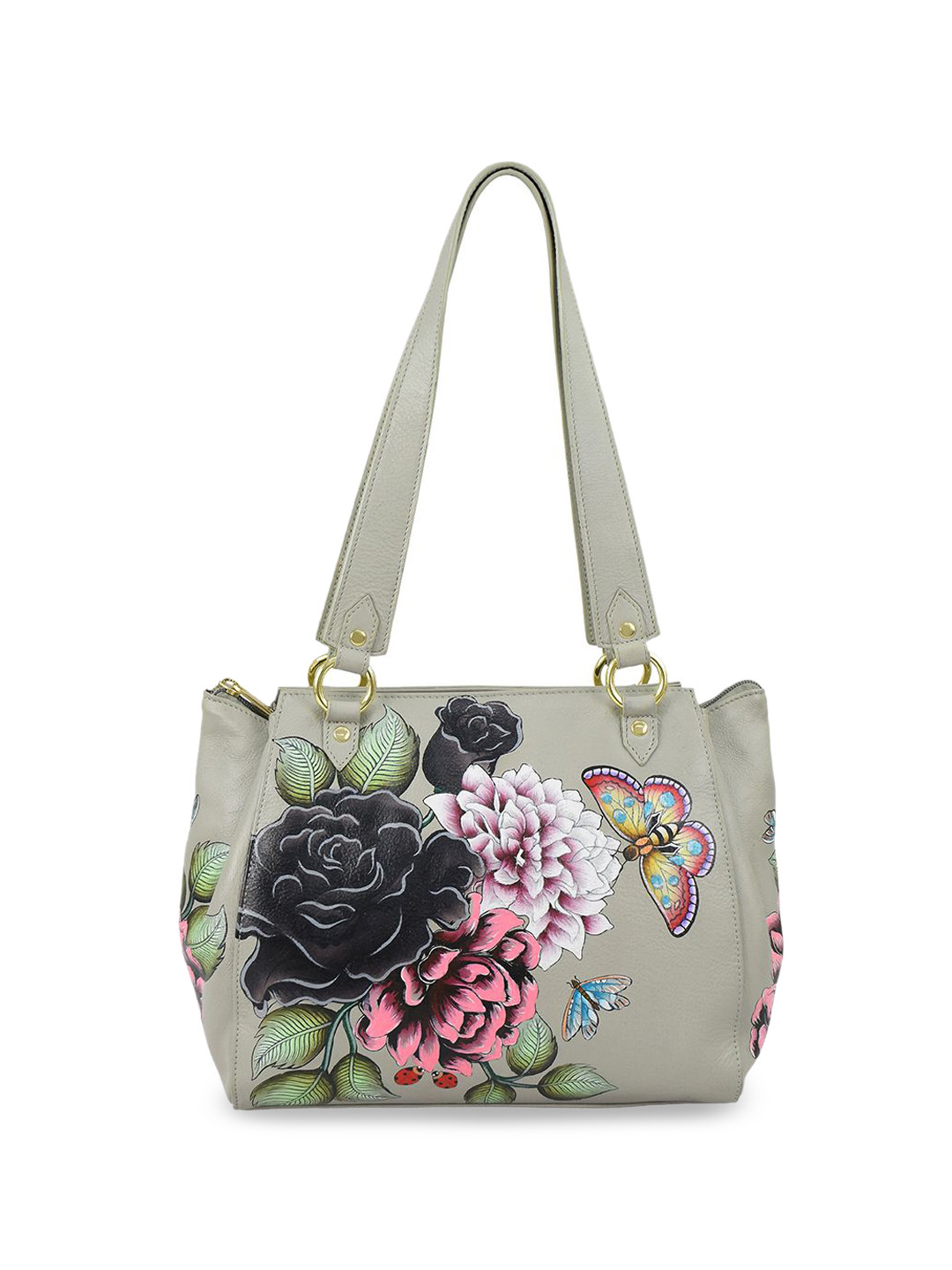 Anuschka Women Flower Garden Taupe Hand Painted Leather Medium Tote Handbag