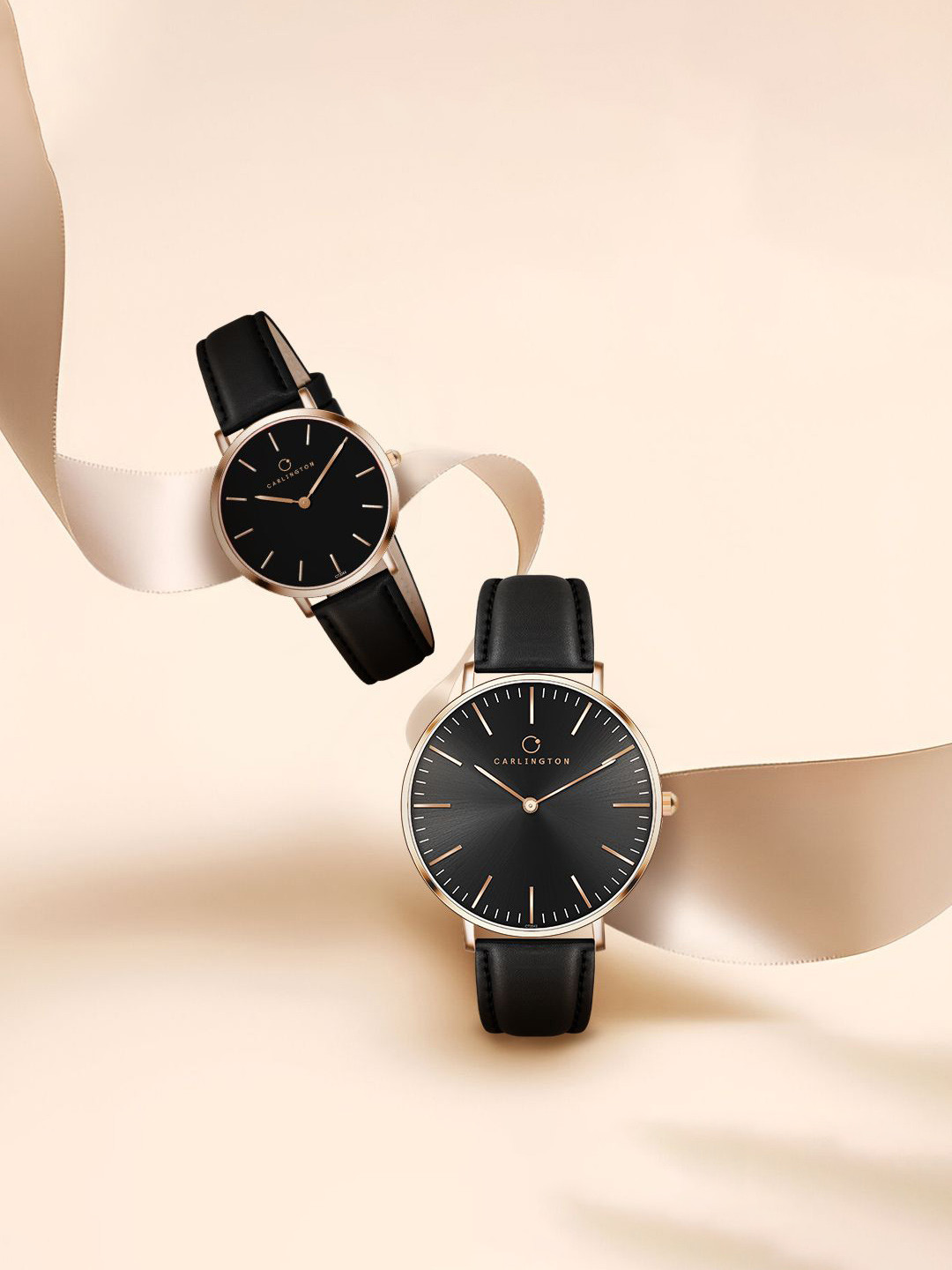 CARLINGTON Unisex Dial & Leather Bracelet Style Straps Analogue Watch 2043 Black + 2044