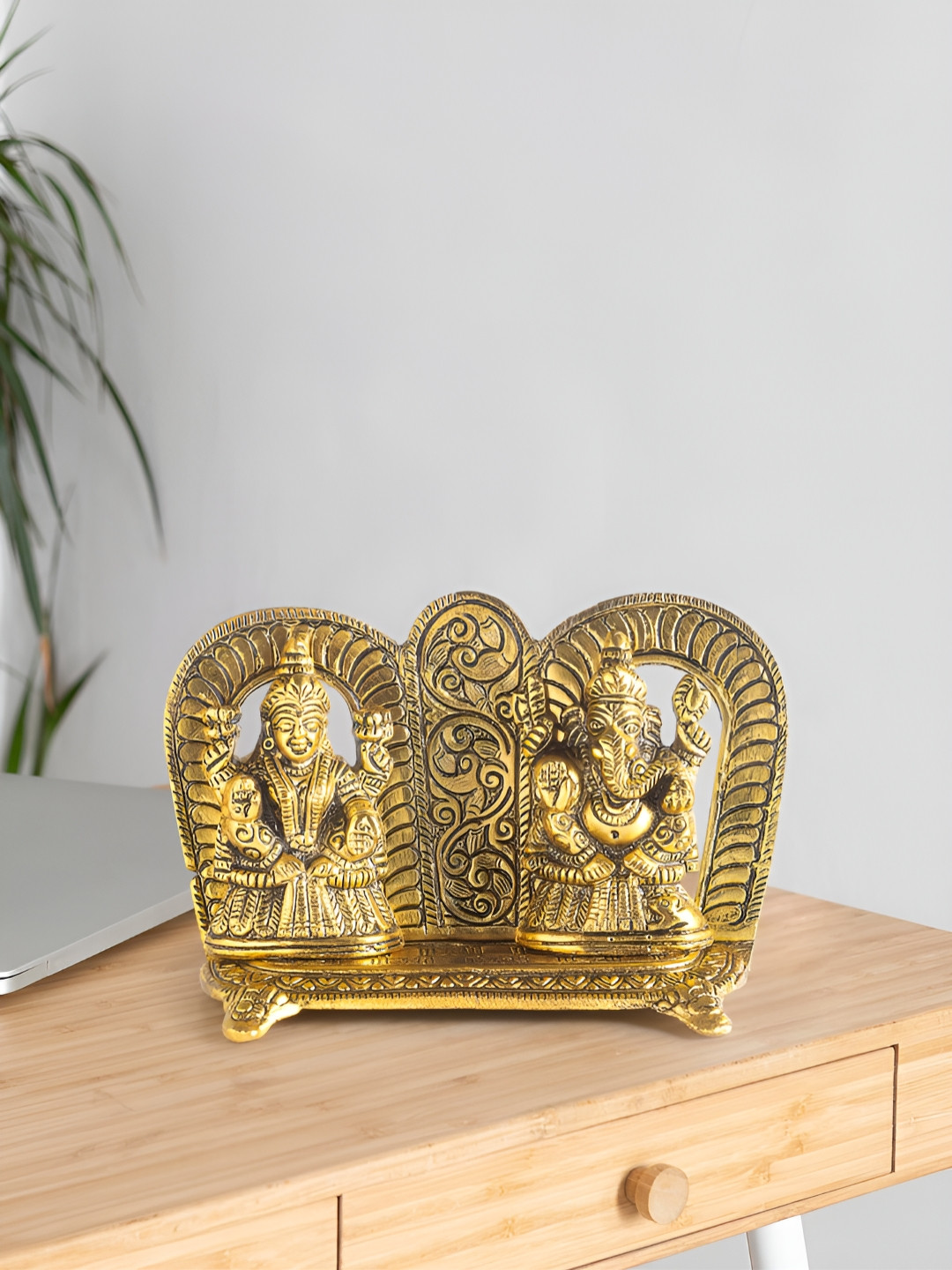 Golden Peacock Lord Lakshmi and Ganesha Yellow Metal Metallic Prayer Room Small Showpiece - 4.3 Inches