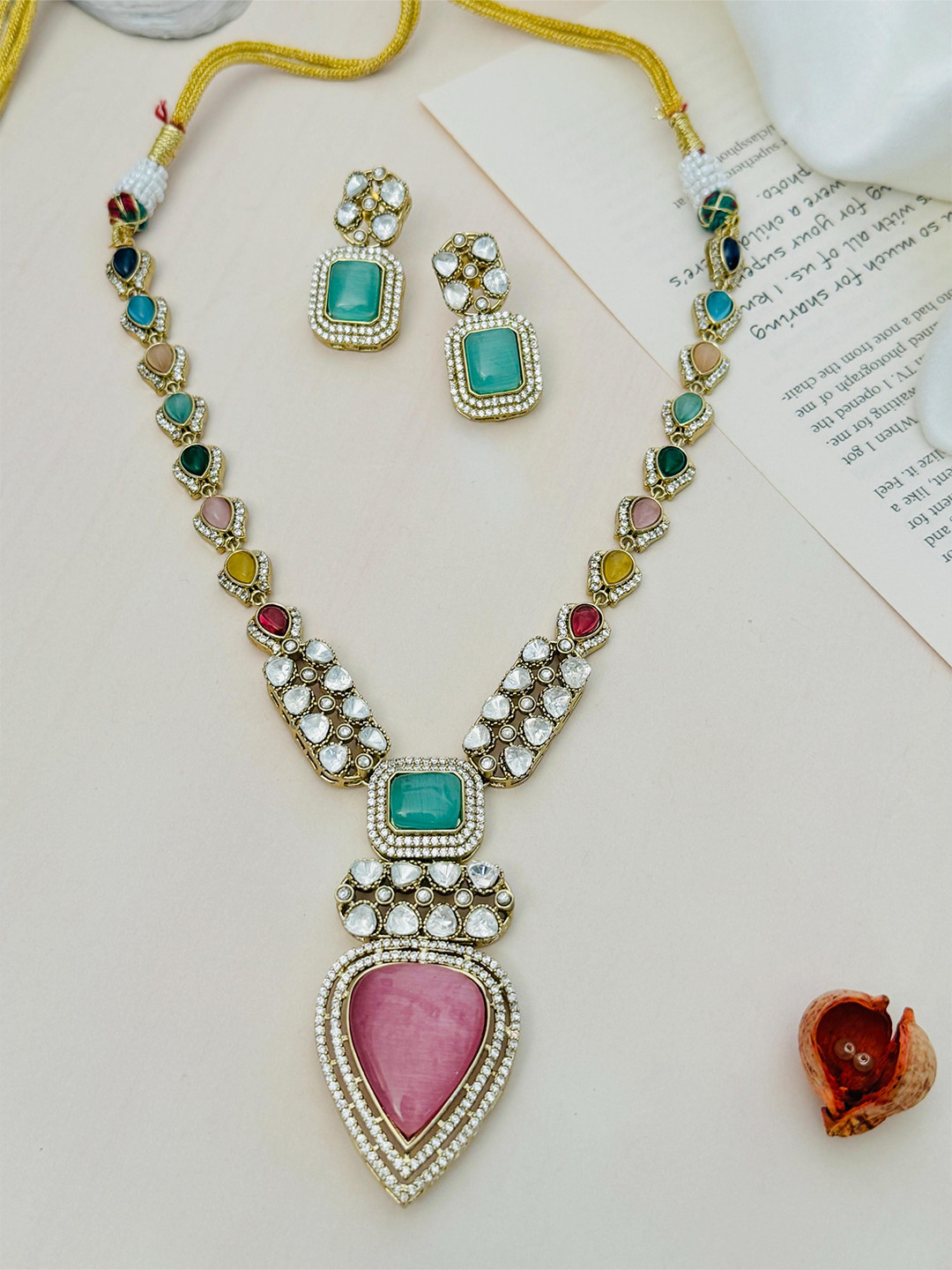 ABDESIGNS Gold-Plated Polki American Diamon Stone Studded Jewellery Set