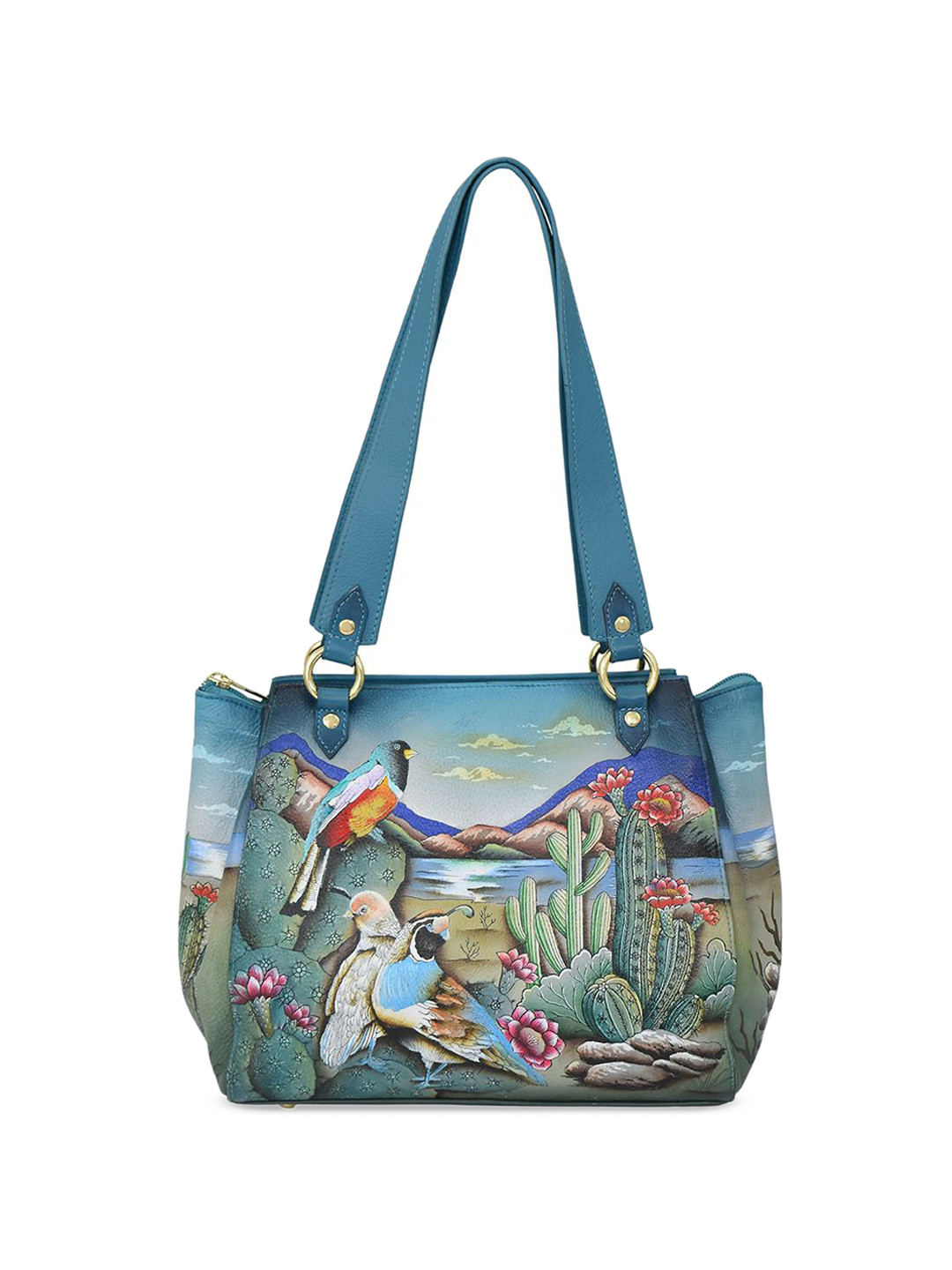 Anuschka Women Canyon Birds Taupe Hand Painted Leather Medium Tote Handbag