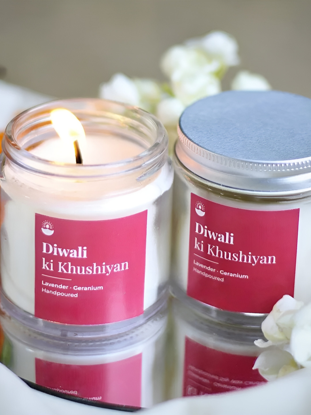 Aromatic Fables Diwali Delight 2Pcs 1 Wick Lavender and Geranium Solid Round Jar Candles