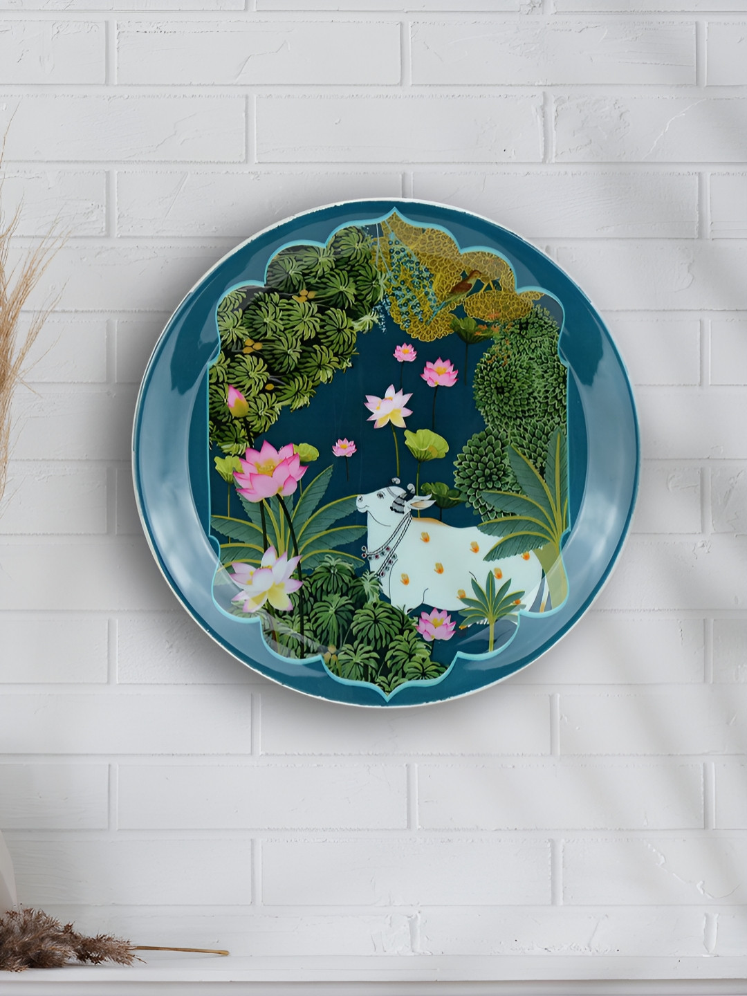 Maison Modern Pichwai Cow Metal Floral Glossy Hanging Hall Wall Plates-10In