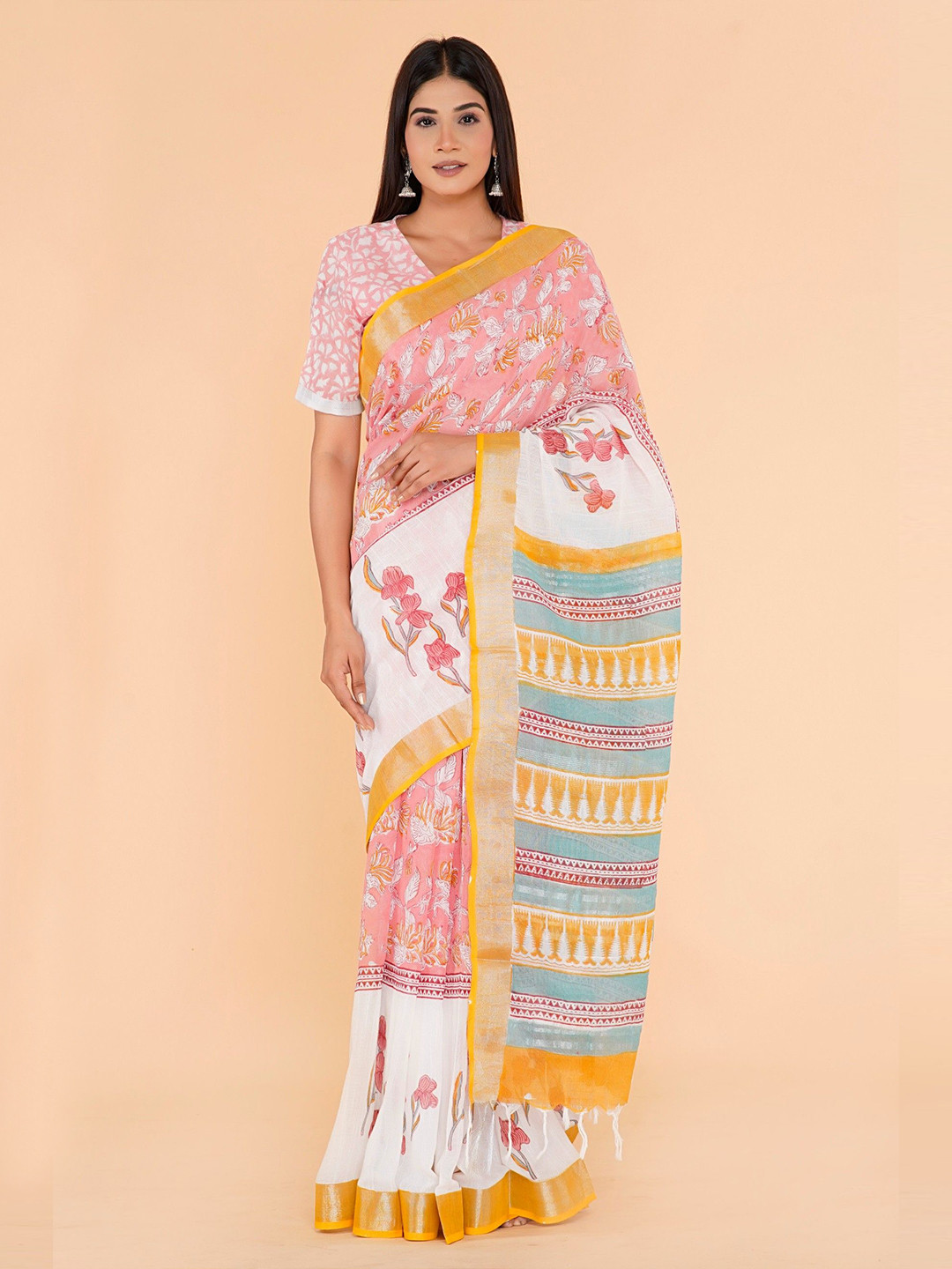 Shivanya Handicrafts Floral Block Print Linen Blend Saree with Blouse Piece