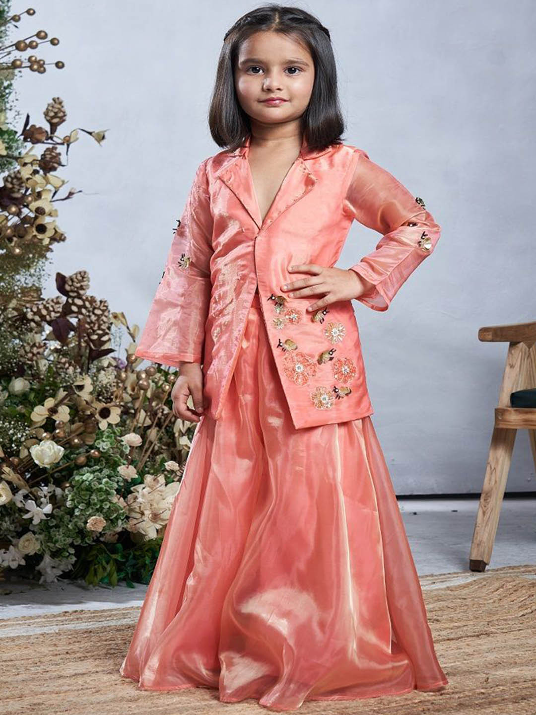 Vivedkids Girls Floral Embroidered Tissue Kurti with Sharara