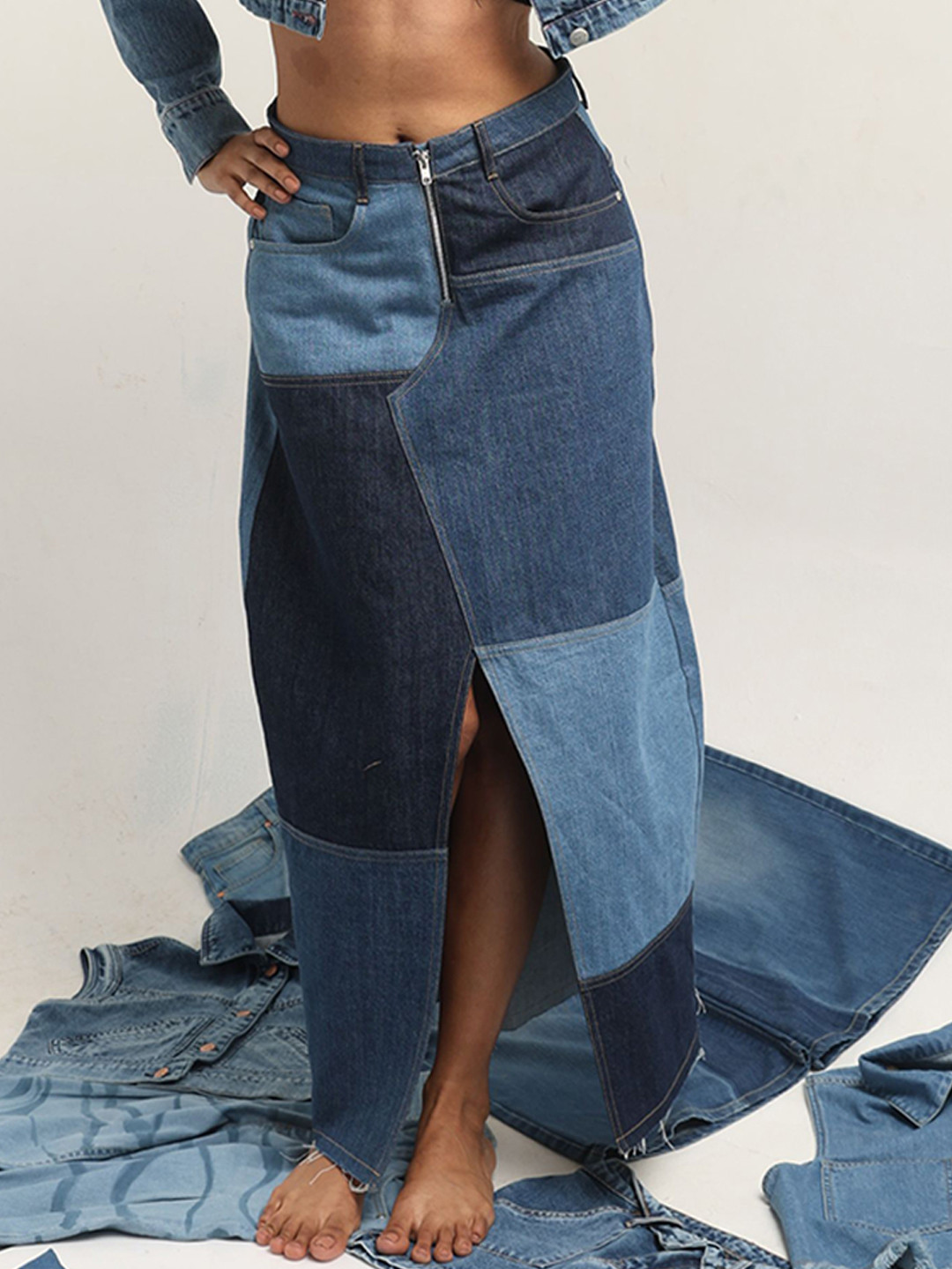 DAYER Women Pure Cotton Checked Colourblocked Maxi Skirt