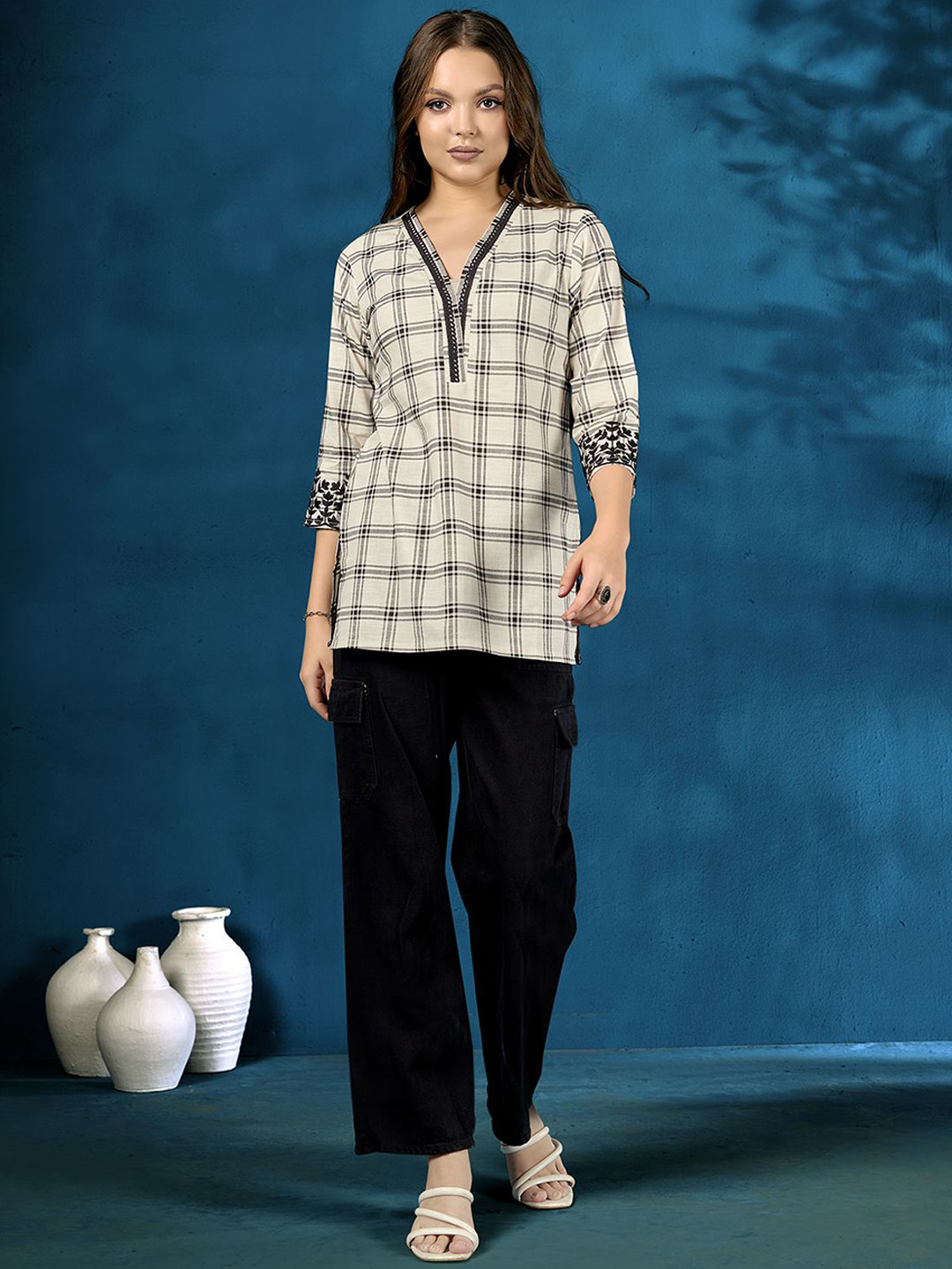 Anouk White Striped V-Neck Liva Short Kurti