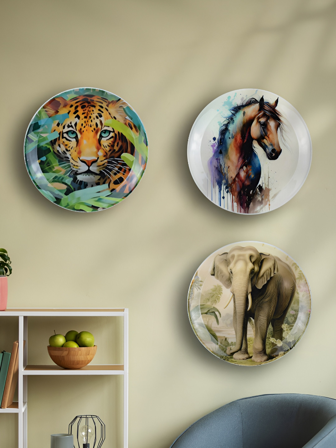 Maison Modern White & Brown 3 Pieces Animal Printed Iron Round Wall Plates