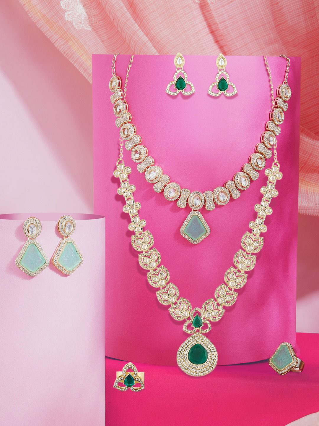 AMI Set of 2 Gold-Plated Austrian Diamond Stone-Studded Jewellery Sets