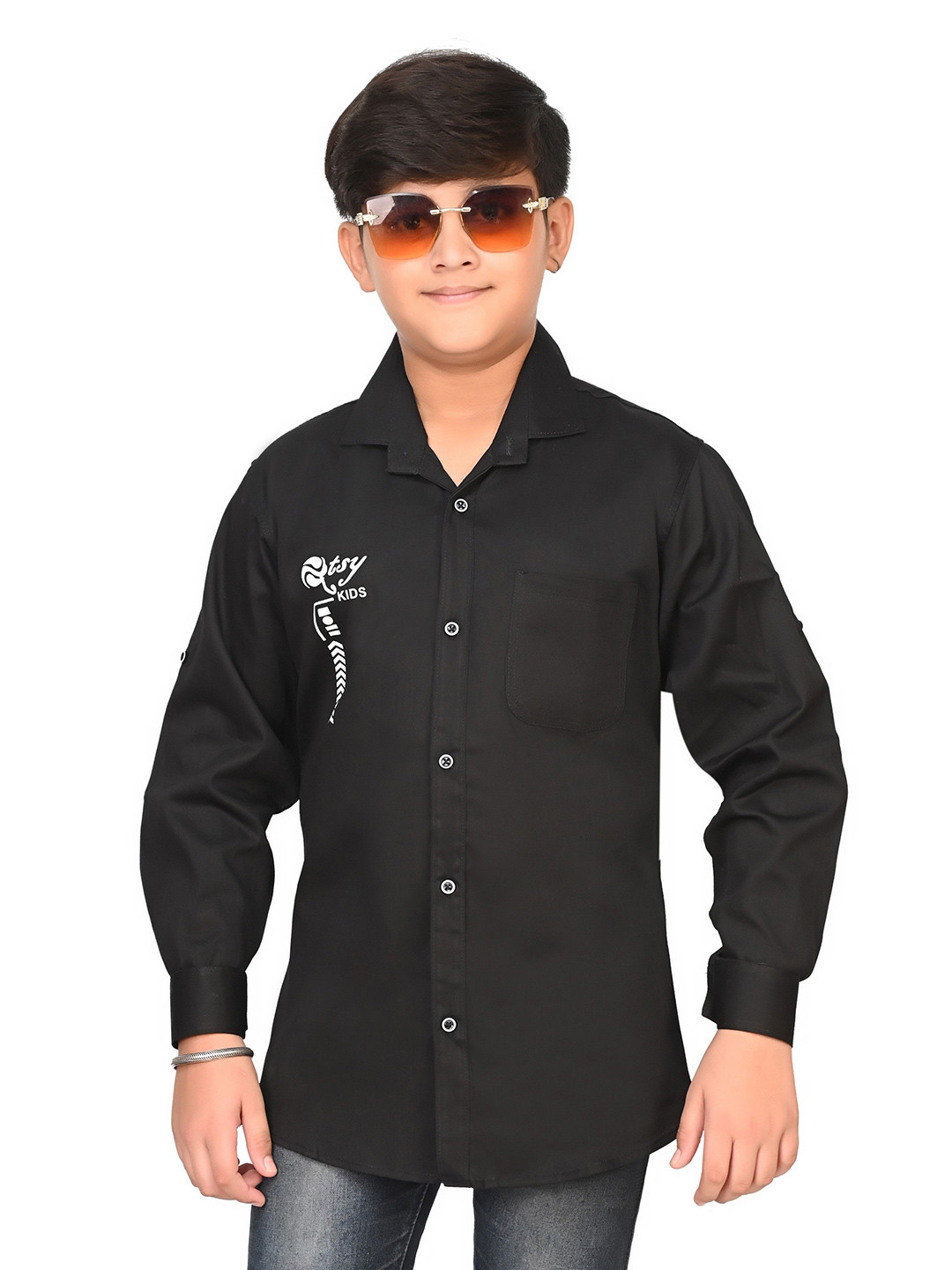 Eliq Boys Cuban Collar Solid Cotton Casual Shirt