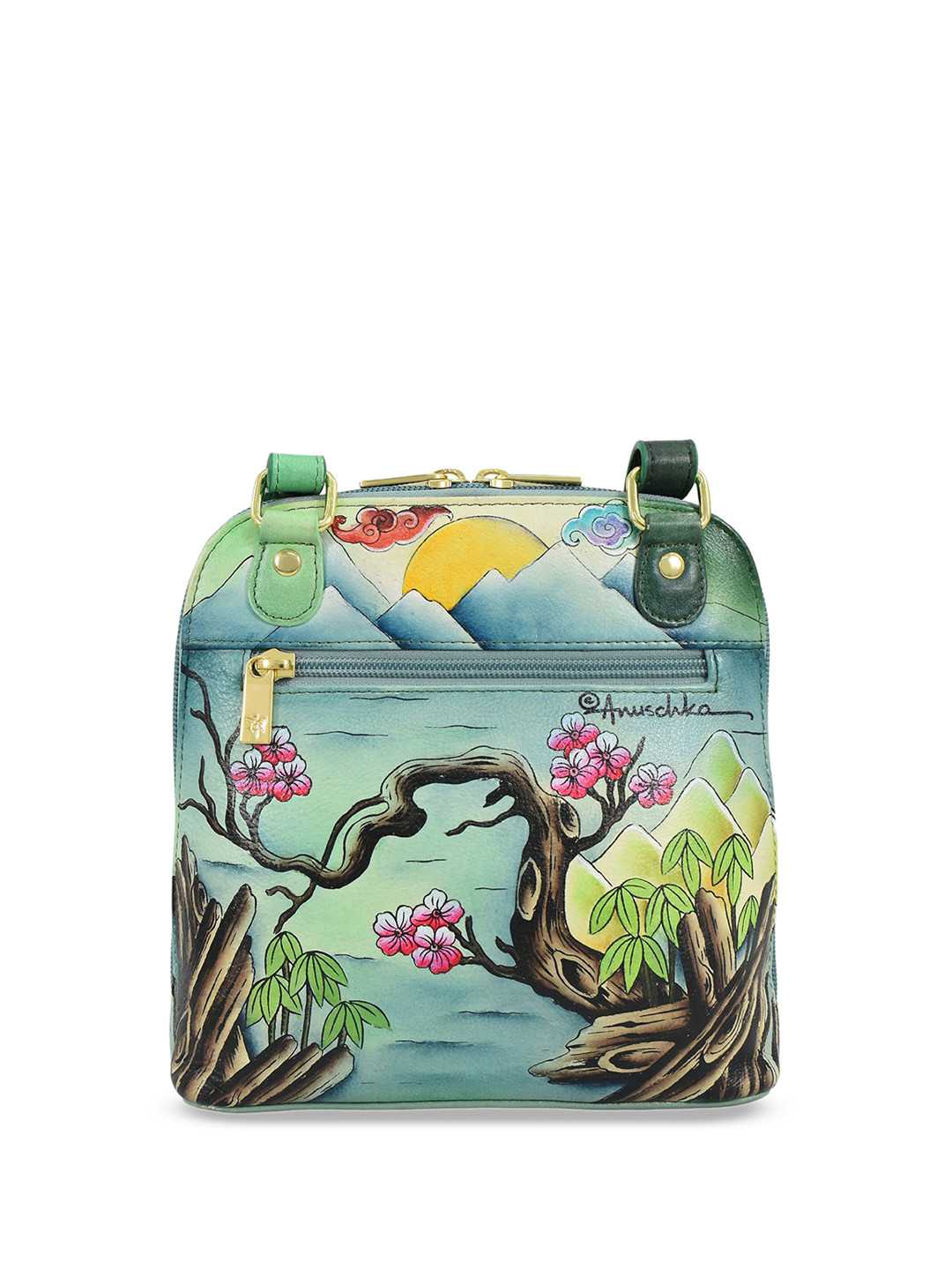 Anuschka Women Dragon Legend Hand Painted Leather Small Zip Around Crossbody Handbag