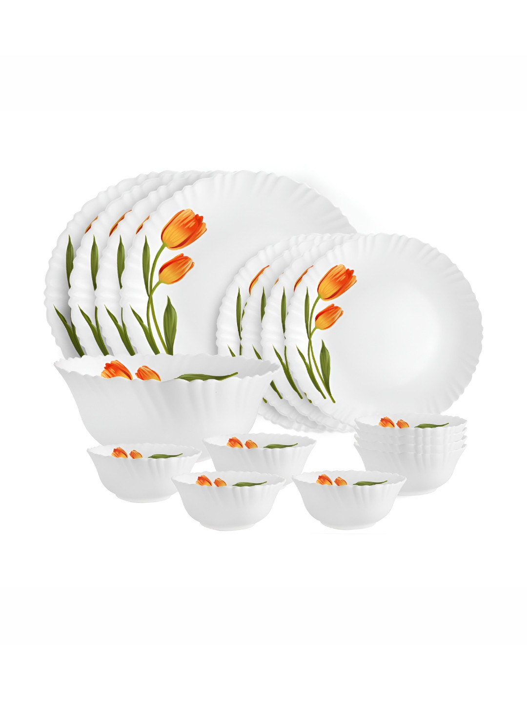 Cello Dazzle Series White Floral Opalware Dishwasher and Microwave Safe 17 Piece Dinner Set
