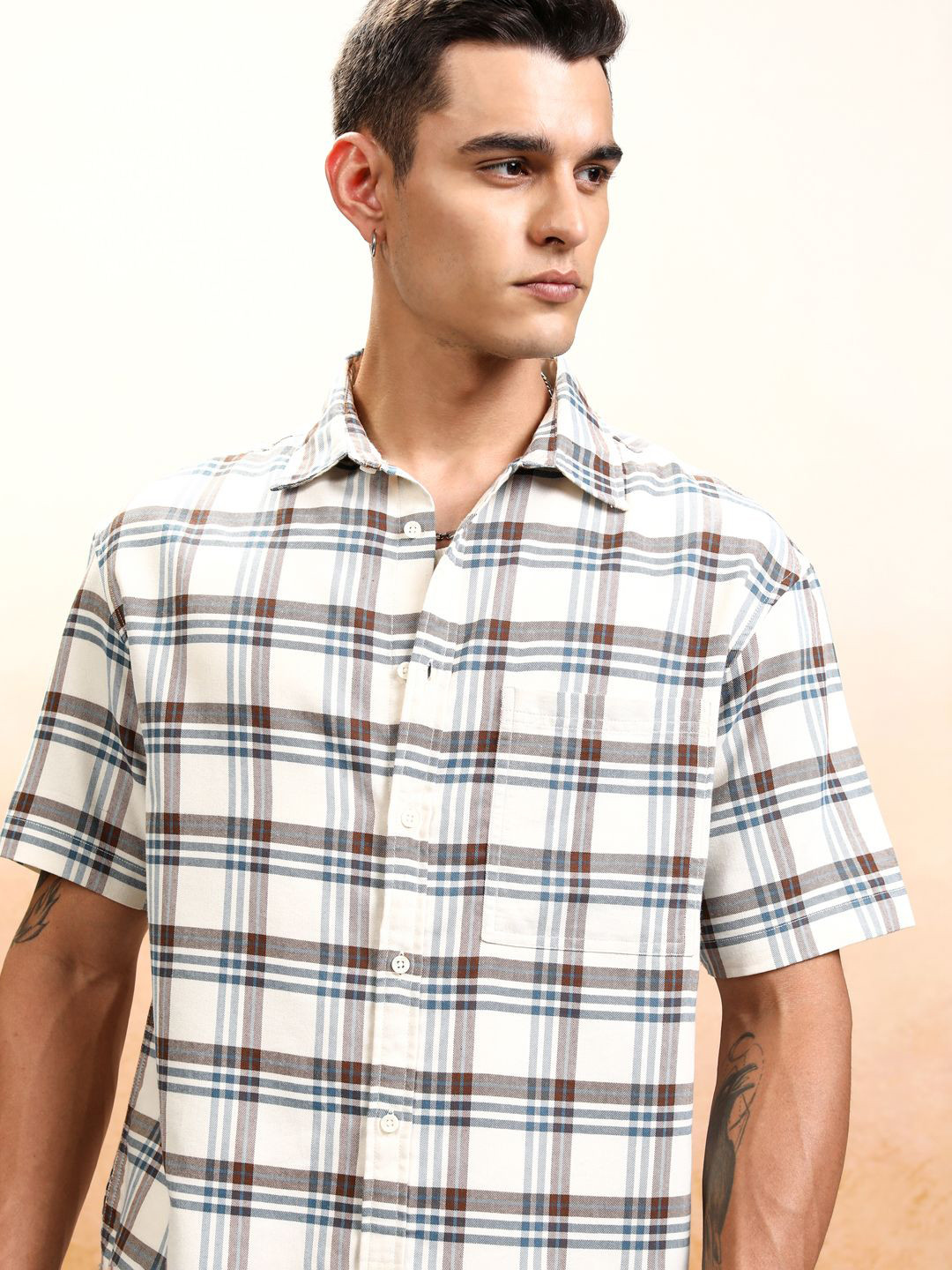 Highlander Men Cream Checked Casual Oversized Shirt