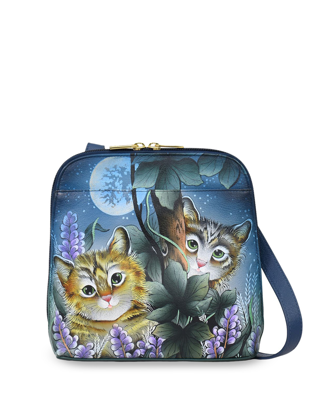 Anuschka Women Moonlit Kitten Hand Painted Leather Small Zip Around Crossbody Handbag