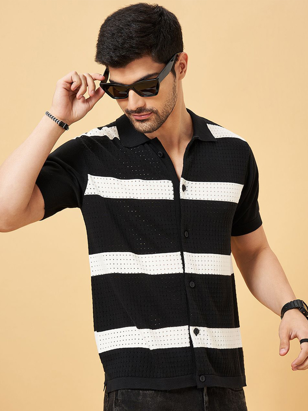 People Men Band Collar Horizontal Striped Cotton Slim Fit Casual Shirt