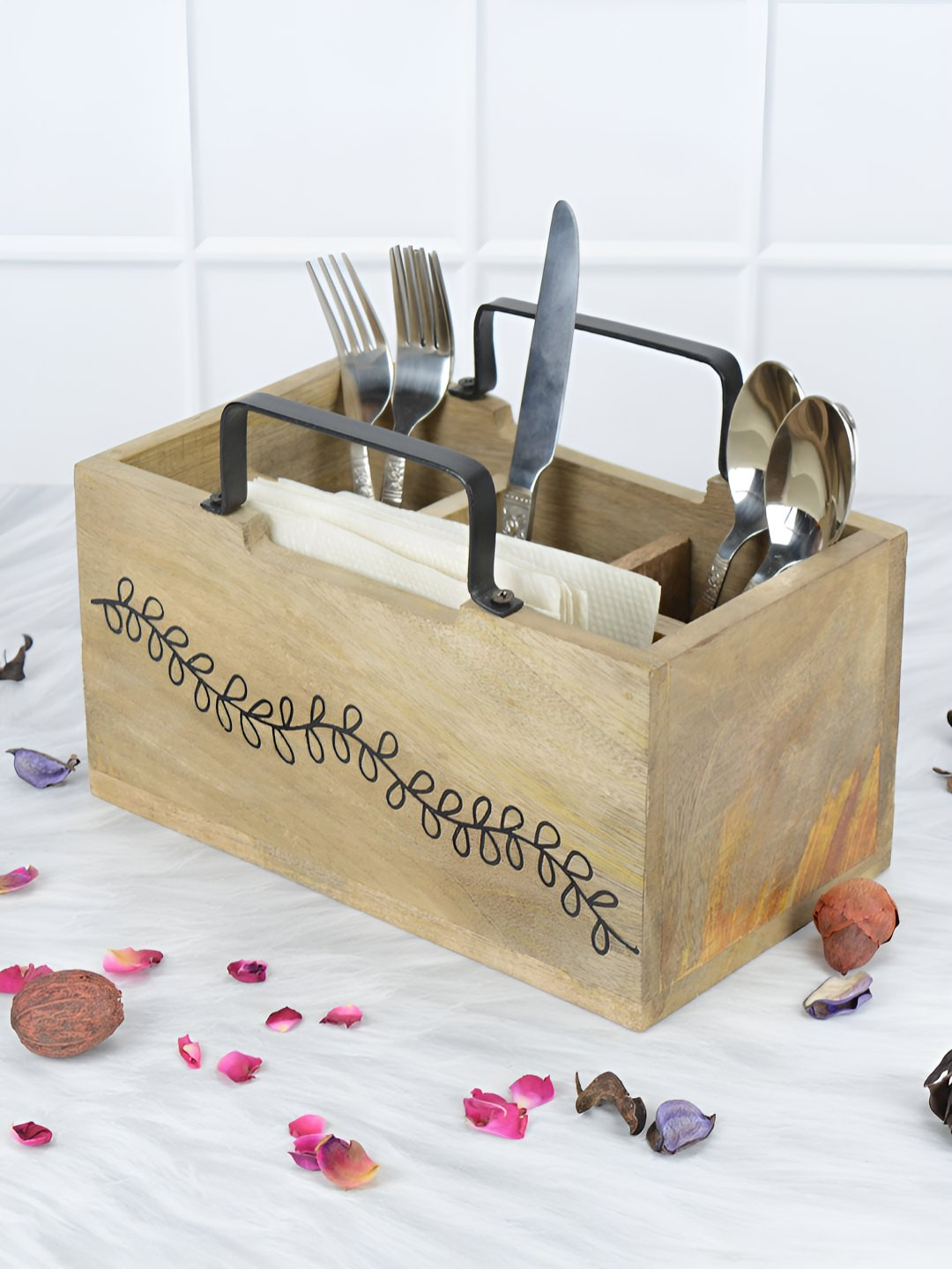 Maison Modern Brown & Black Floral Printed Wood Cutlery Holder