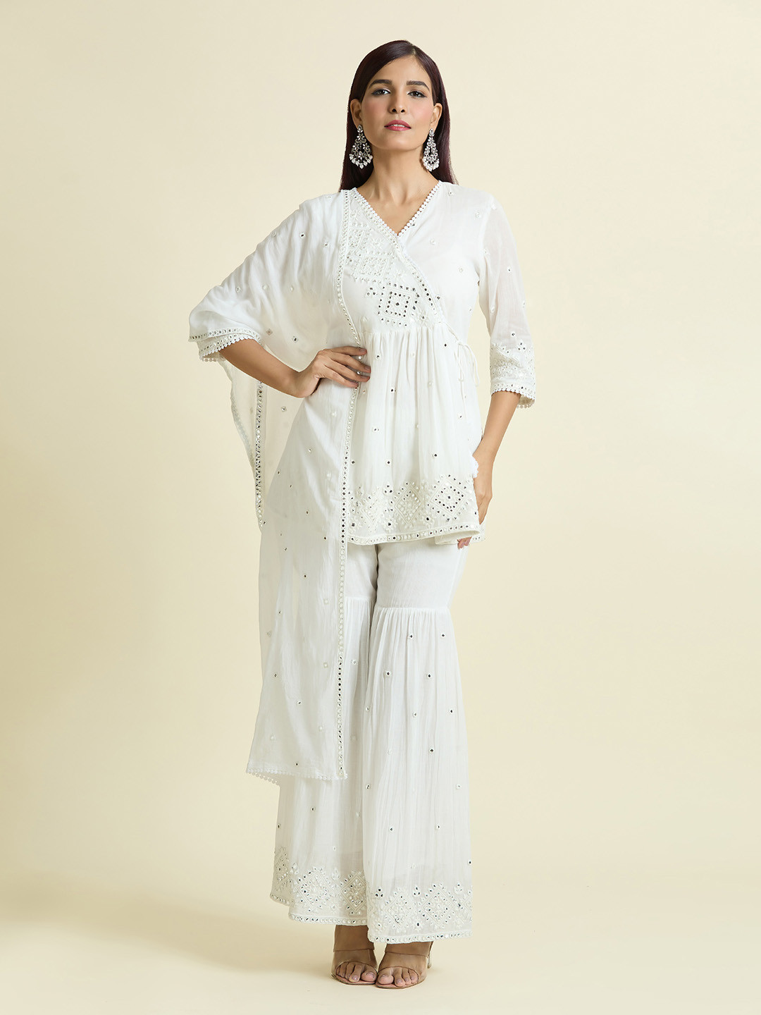 Samyukta Singhania Embroidered Empire Mirror Work Raw Silk A-Line Kurti with Sharara & Dupatta