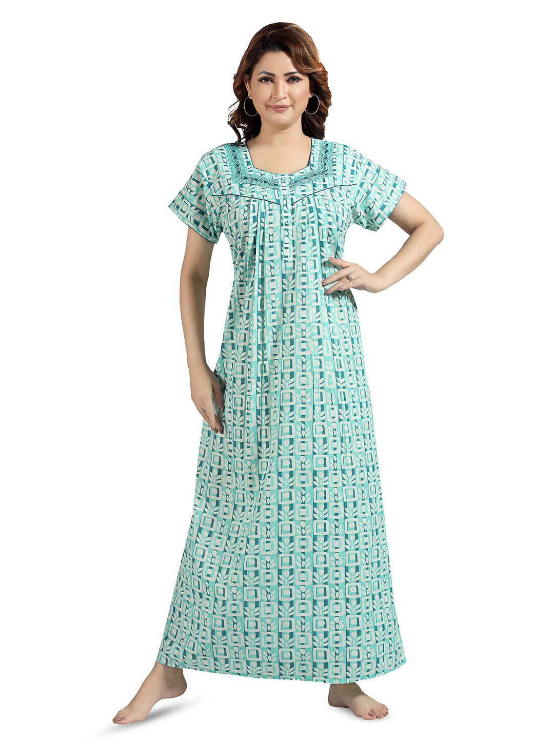 NIGHT QUEEN Turquoise Blue Printed Women Maxi Nightdress