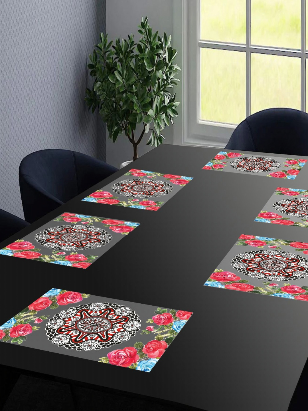 LooMantha Transparent & Blue 6 Pieces Printed Rectangular Table Placemats
