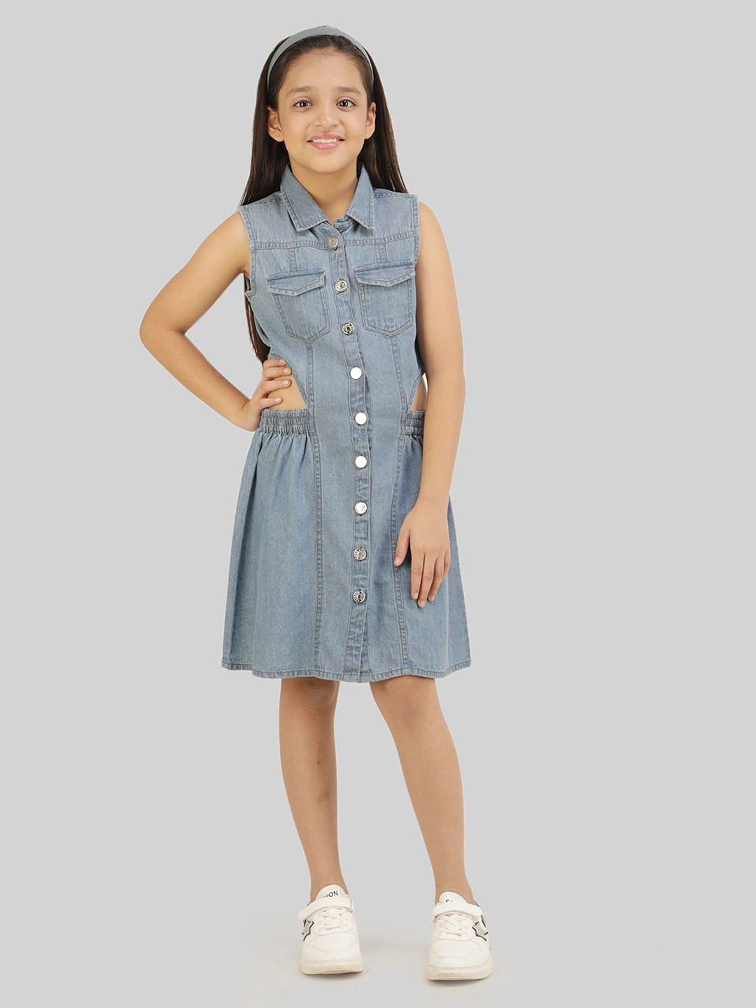 BEING NAUGHTY Girl's Denim Shirt Collar Cut - Outs Pocket Detailing Shirt Dress