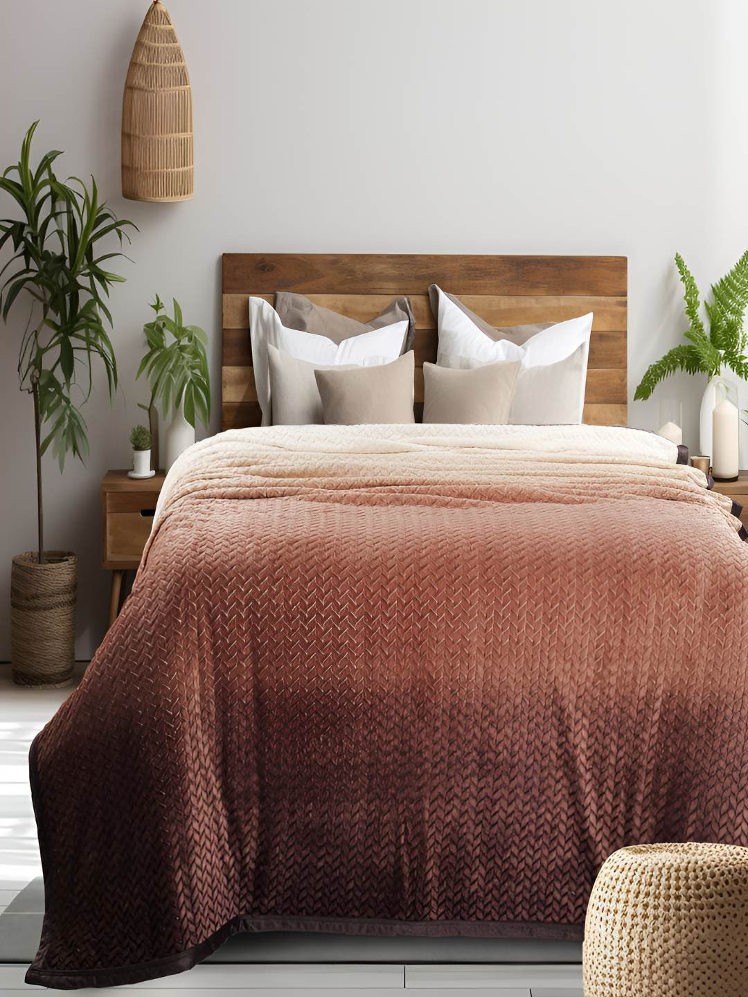 GAPU & BALY Copper-Toned Striped AC Room 300 GSM Double Bed Blanket
