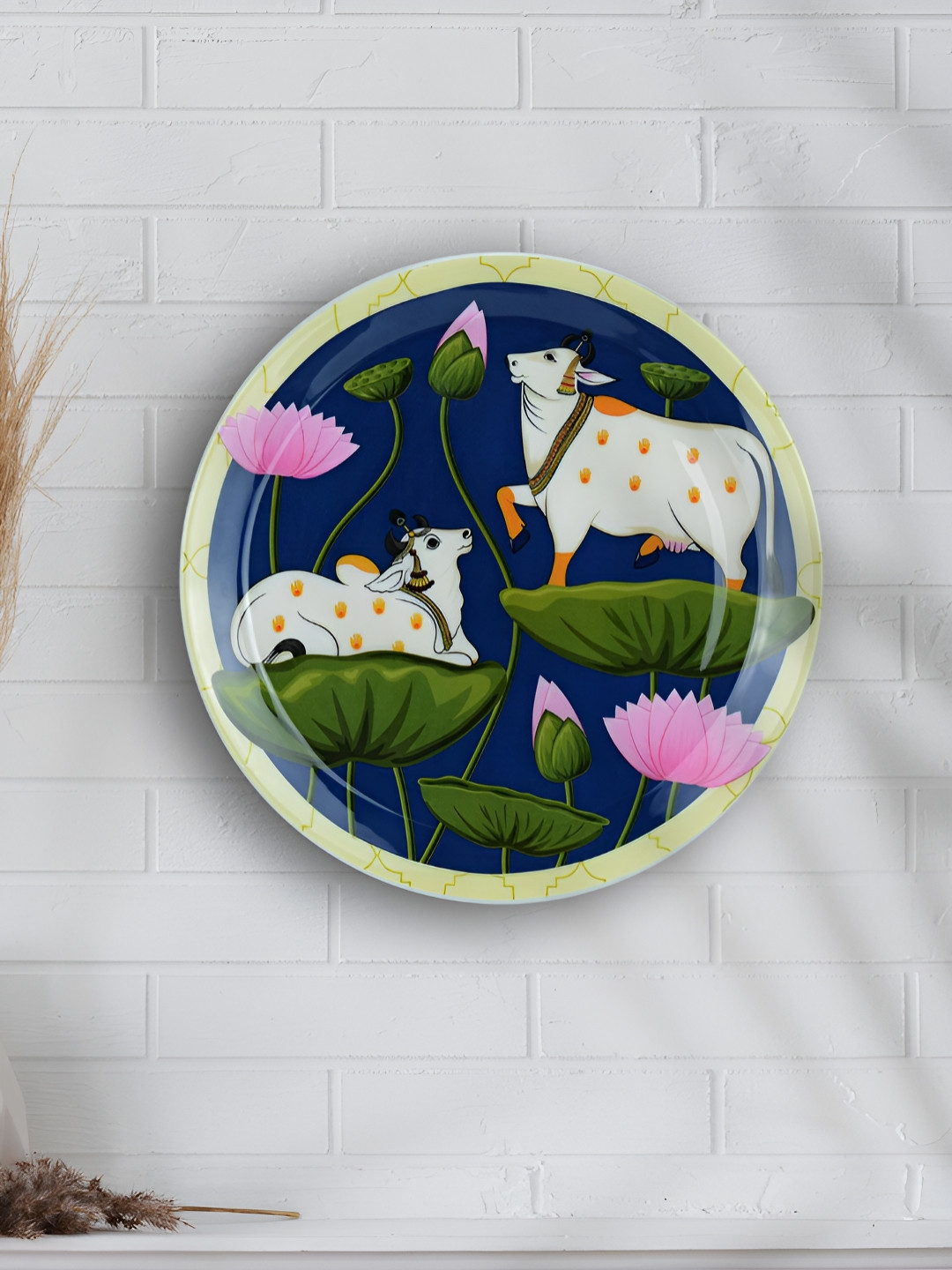 Maison Modern Green & Blue Pichwai Cow Printed Iron Round Wall Plate