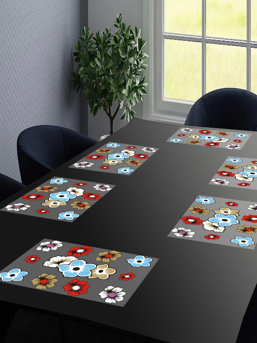 LooMantha Transparent & Blue 6 Pieces Printed Rectangular Table Placemats