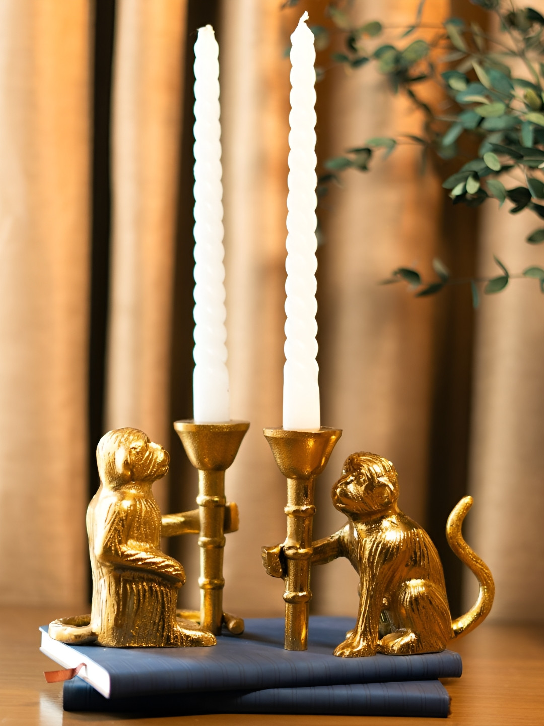 ArteCasa Monkey Mischief Gold-Toned & Blue 2 Pieces Candle Holders