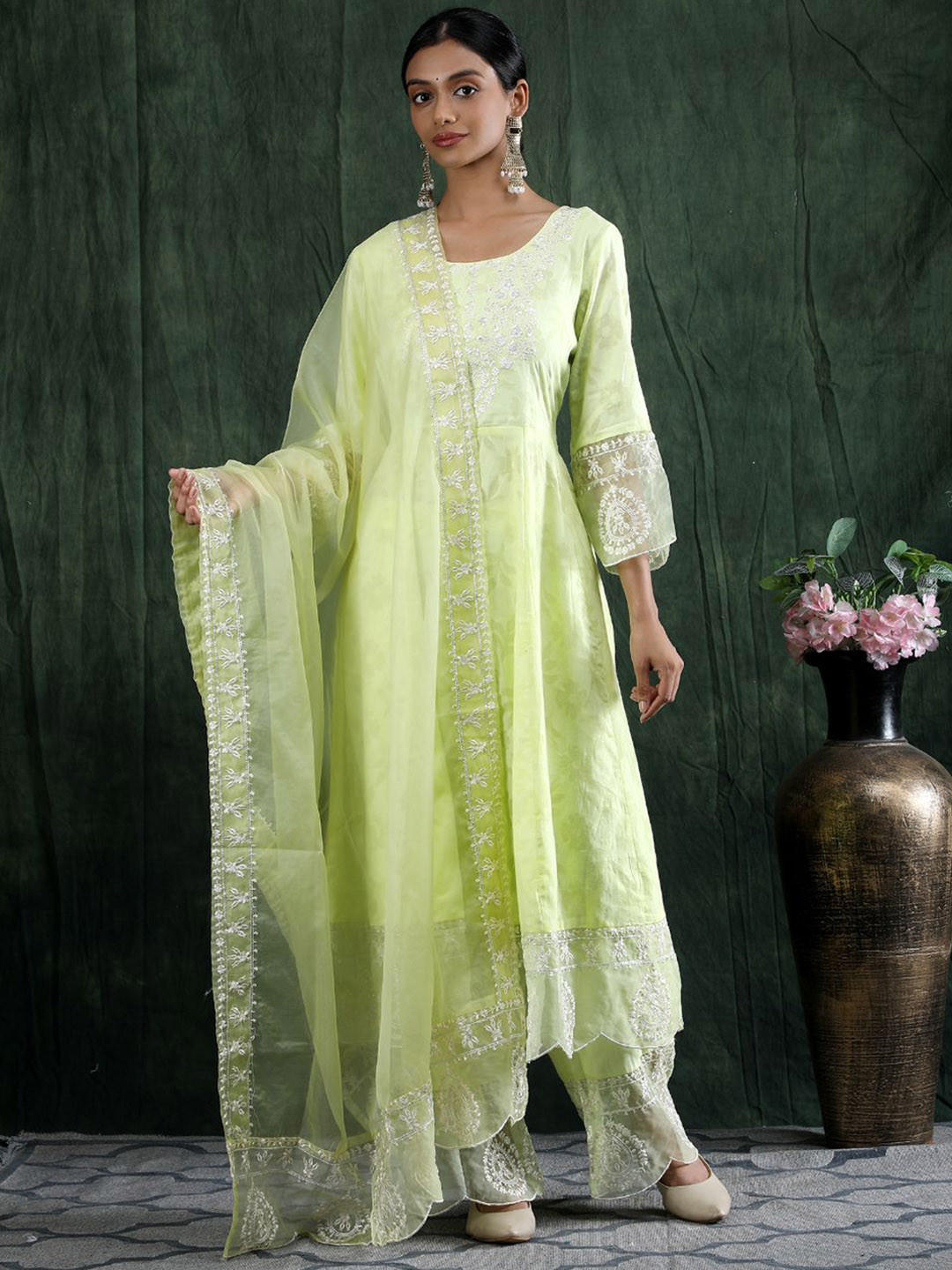 Shifory embroidered Round Neck 3/4 Sleeve Yellow Anarkali kurta Pant with Dupatta