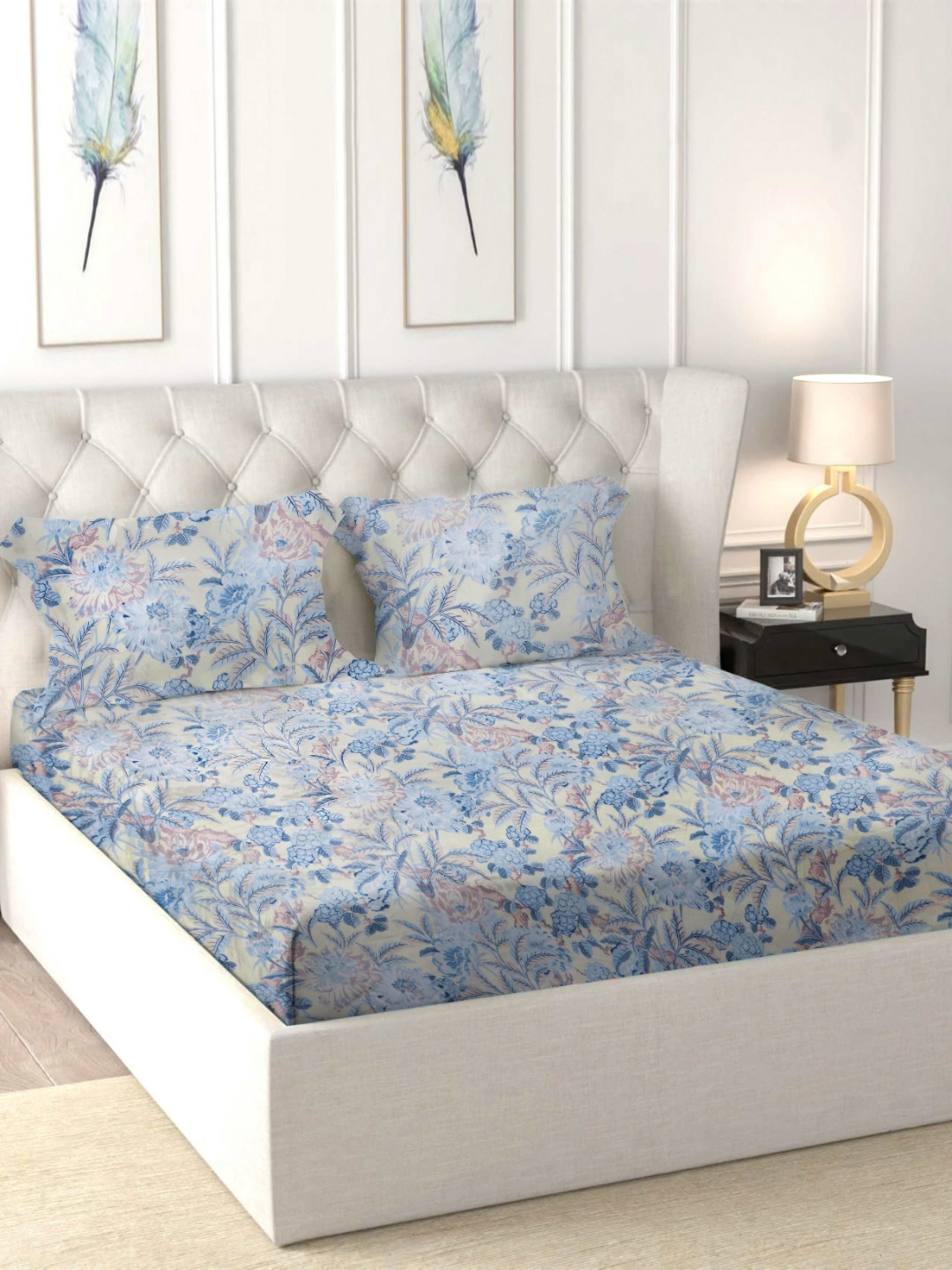 Star Weaves Blue Floral Cotton 300 TC Fitted King Superfine Bedsheet with 2 Pillow Covers-71 x 71 inches