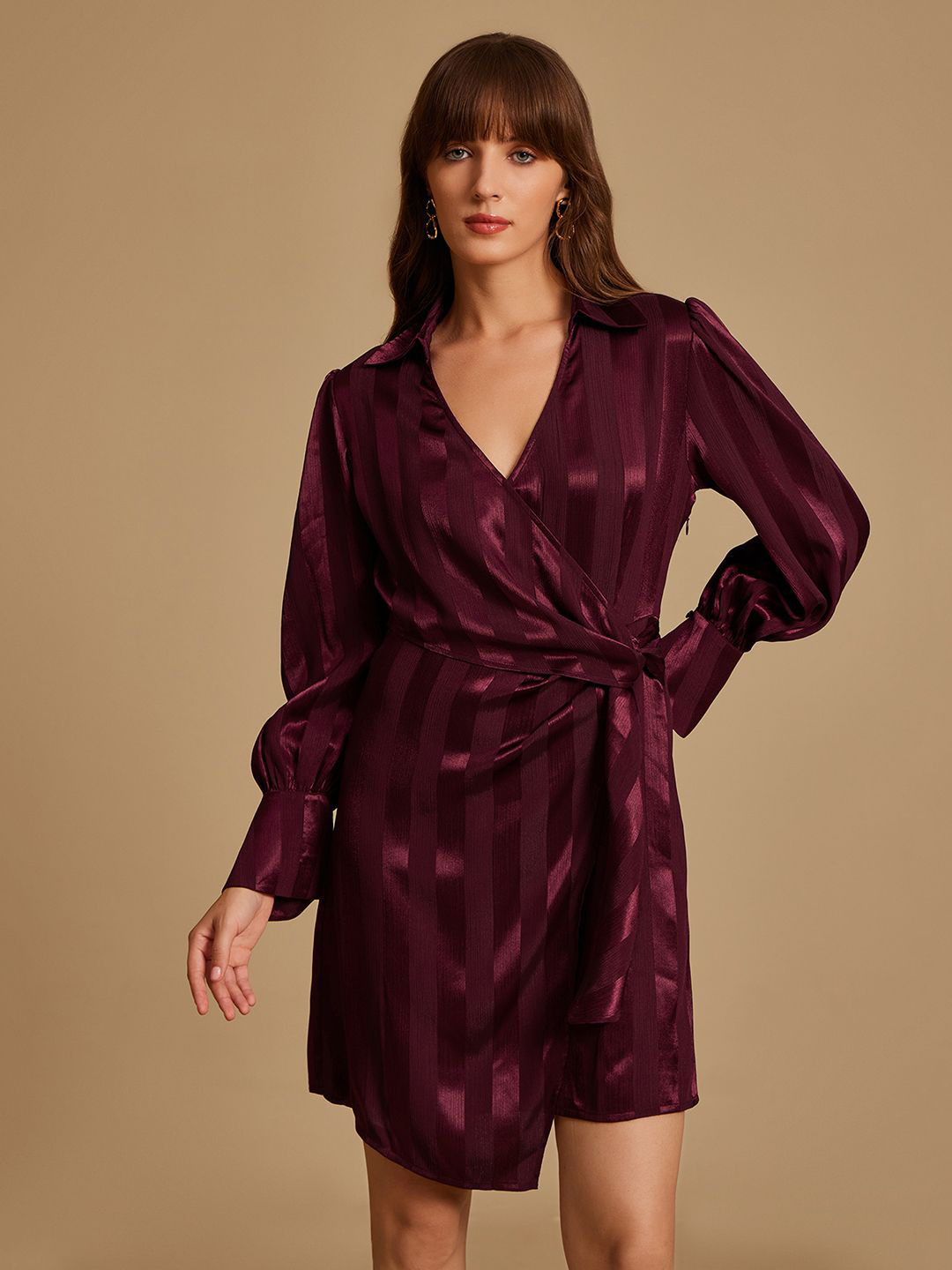 Kazo Women Striped Satin Formal Mini Wrap Dress