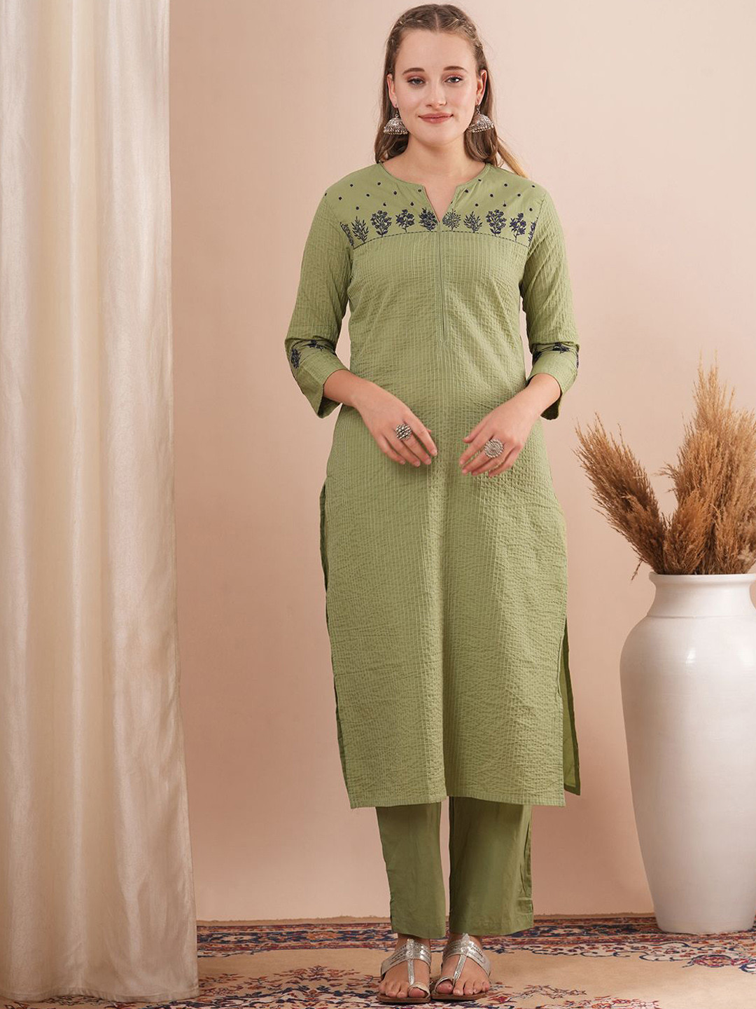 FASHOR Floral Embroidered Pin Tucked V-Neck Pure Cotton Tunic With Trousers