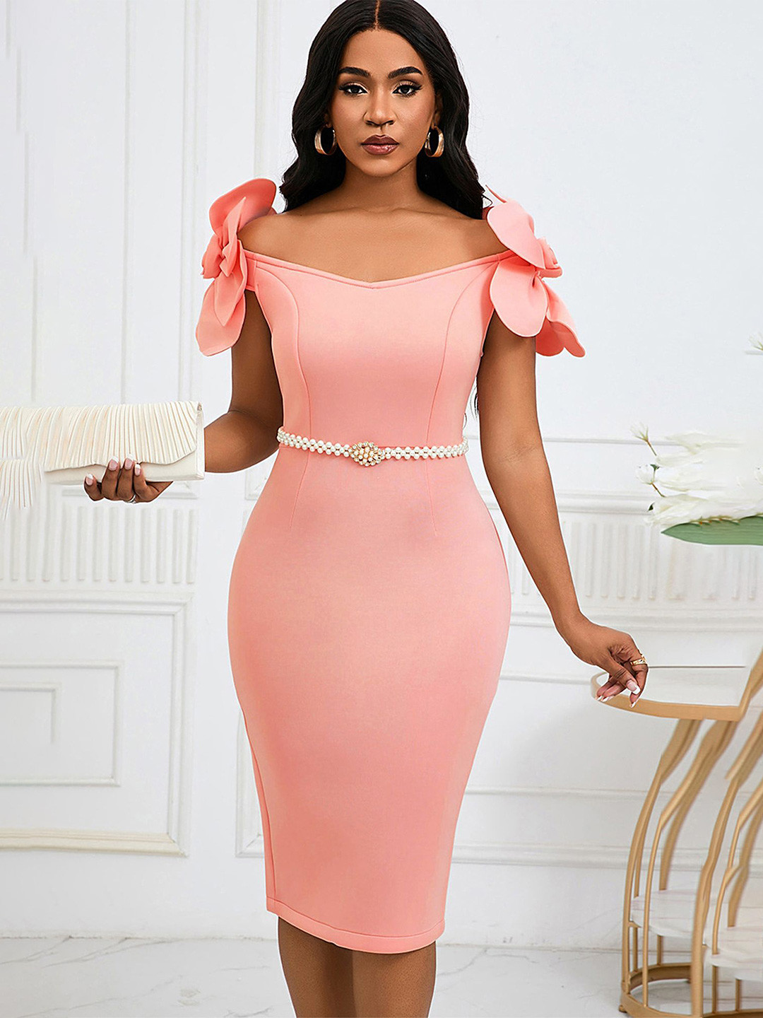 LULU & SKY Floral Applique Off-shoulder Bodycon Dress With Belt