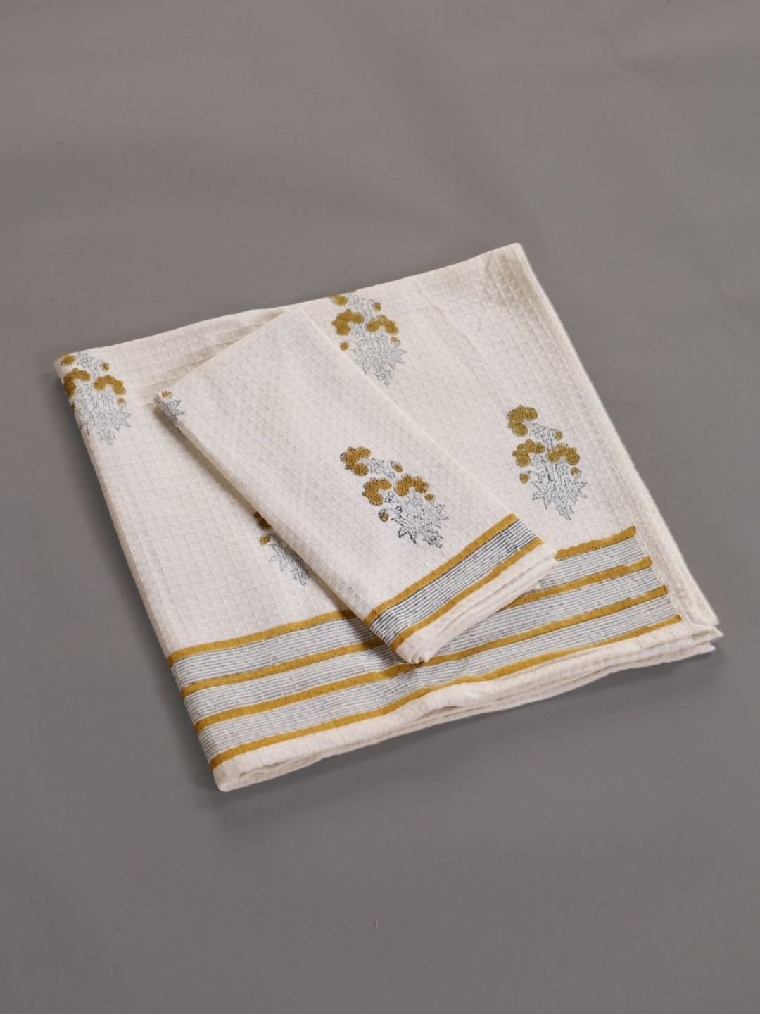Peepul Tree 2 Pcs Off White & Olive Green Block Printed Cotton Hand & Bath Waffle Towel Set