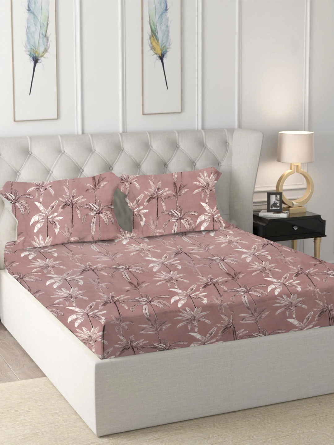 Star Weaves Brown Leaf Cotton 350 TC Fitted Queen Fine Bedsheet with 2 Pillow Covers-78 x 72 inches