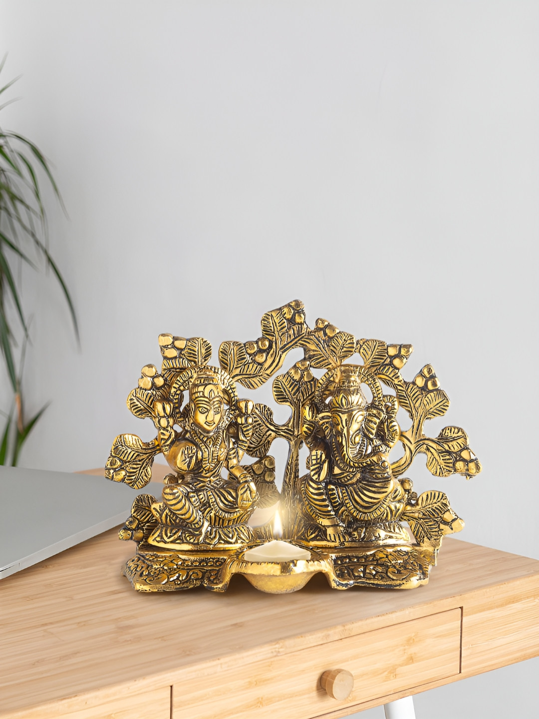 Golden Peacock Lord Lakshmi and Ganesha Tree with Diya Gold Metal Metallic Prayer Room Small Showpiece - 4.9 Inches