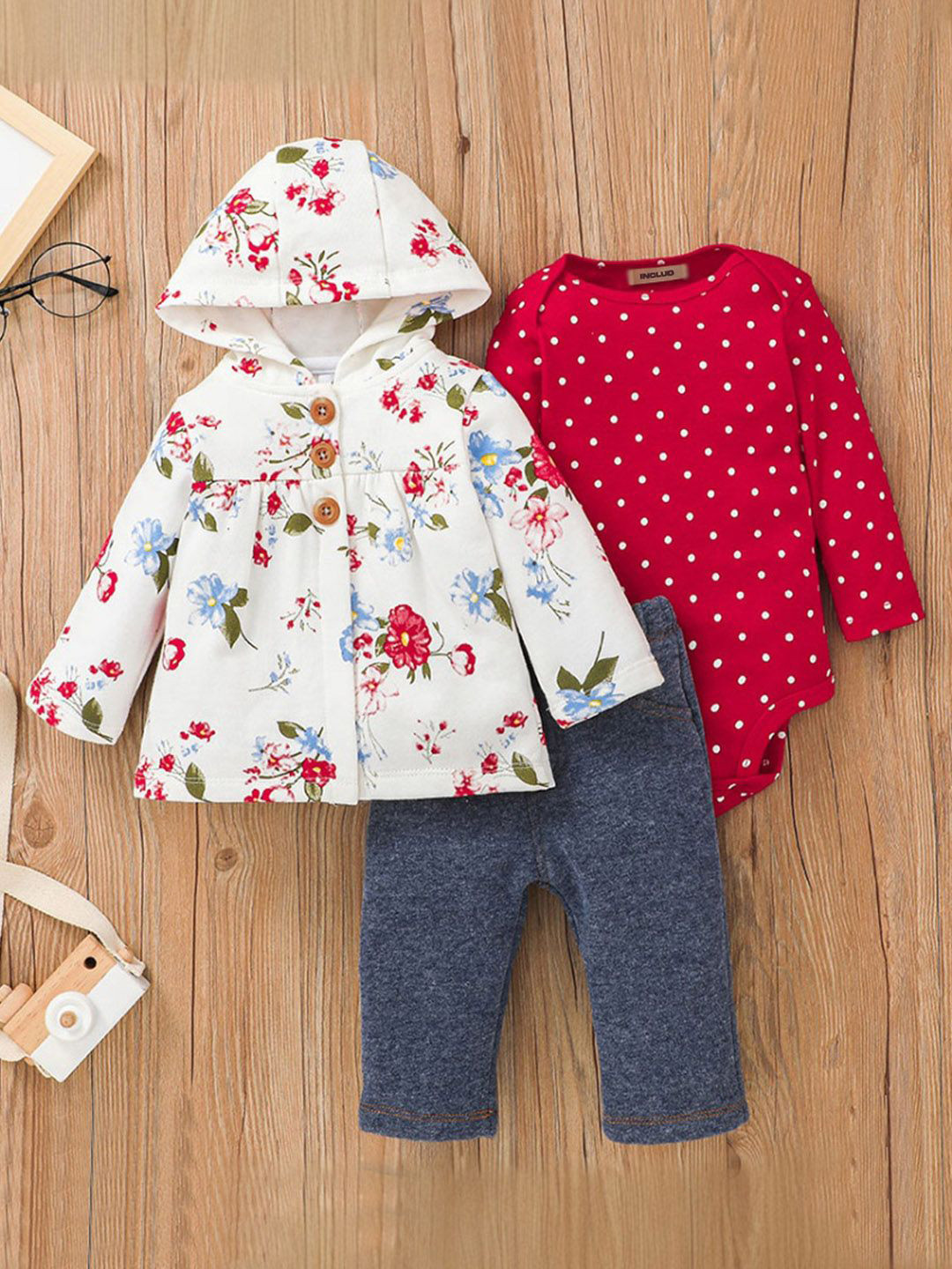 INCLUD Girls Printed coat with Trousers and Romper Clothing Set