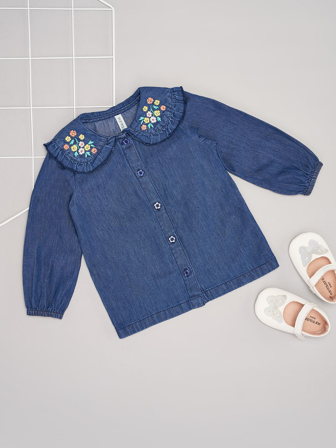 Pantaloons Baby Girls Peter Pan Collar floral embroided Cotton Shirt Style Top