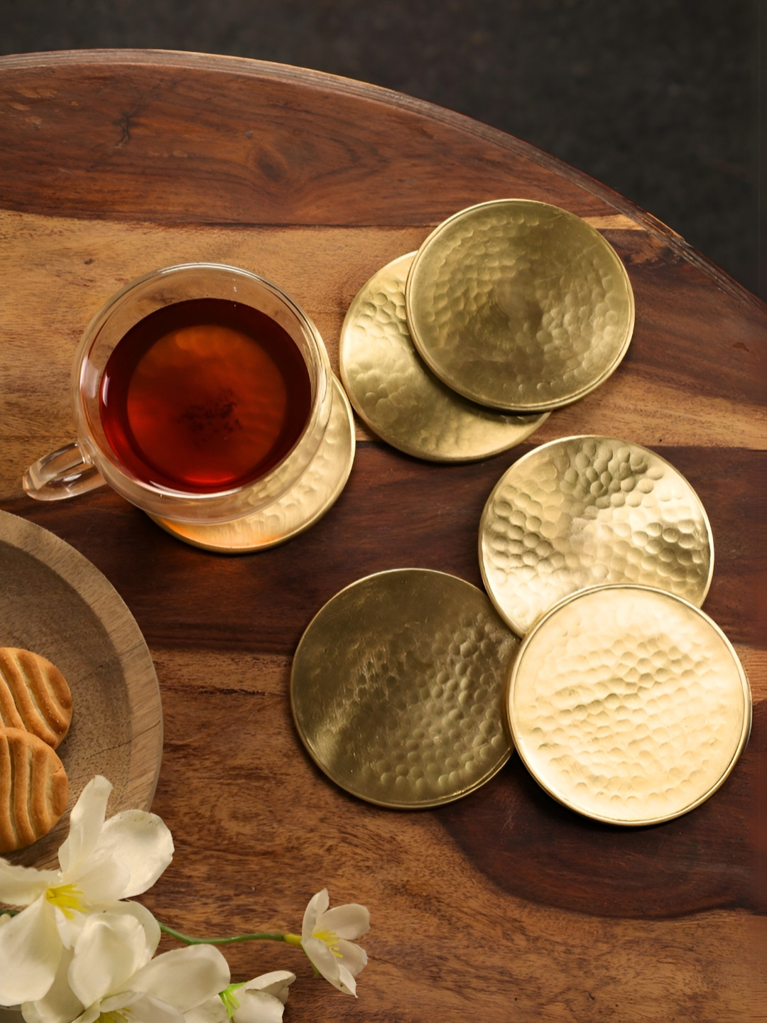 Peepul Tree Set of 6 Brass Matt finished Hammered Round Coasters