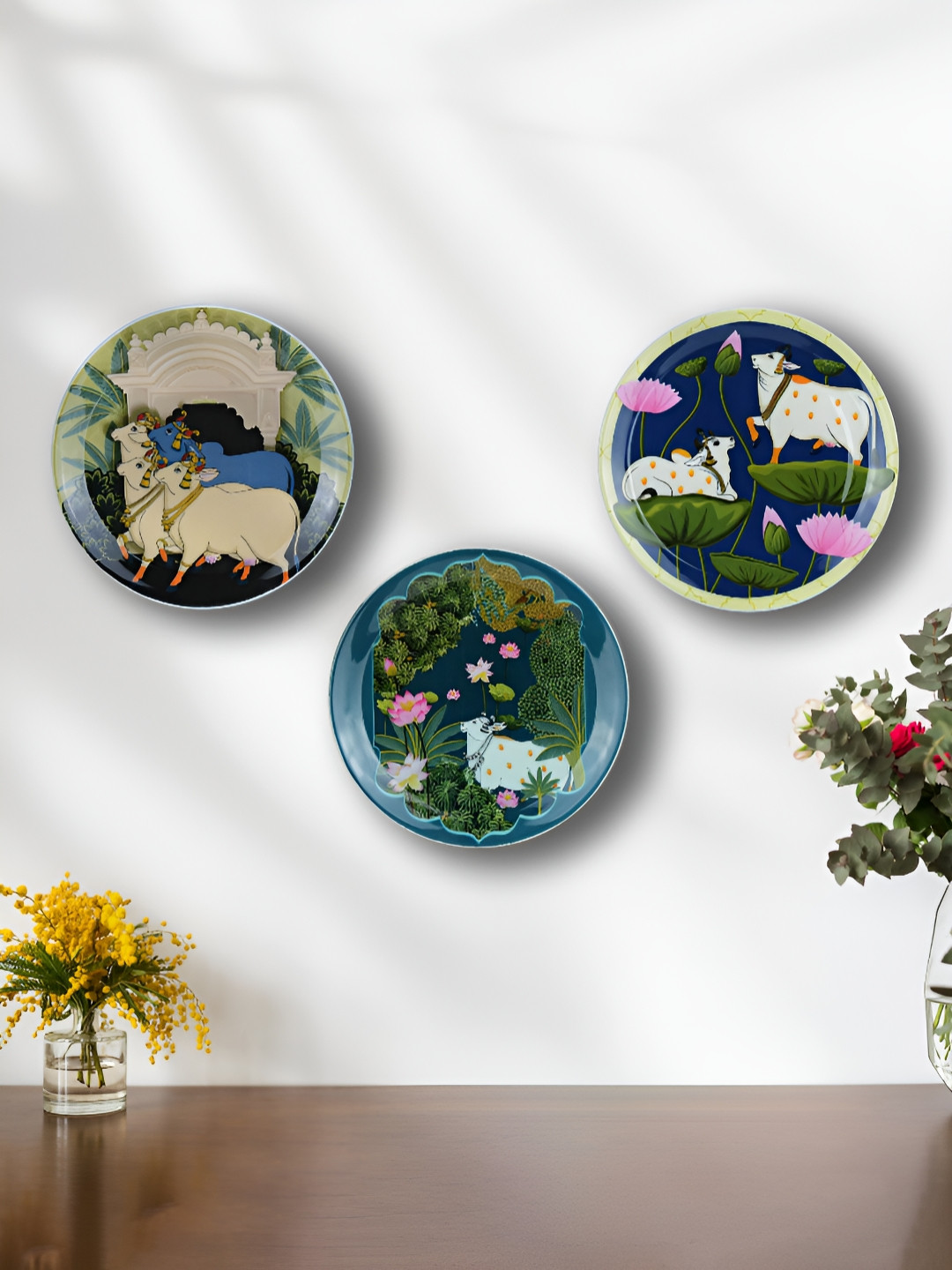 Maison Modern Green & Blue 3 Pieces Pichwai Cows Printed Iron Round Wall Plates