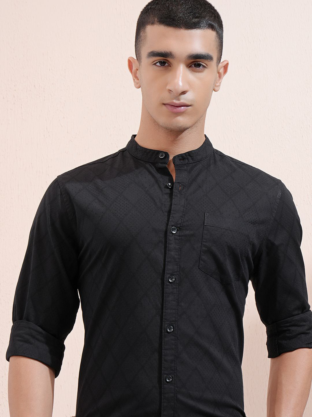 HIGHLANDER Highlander Men Jacquard Textured Solid Mandarin Collar Casu