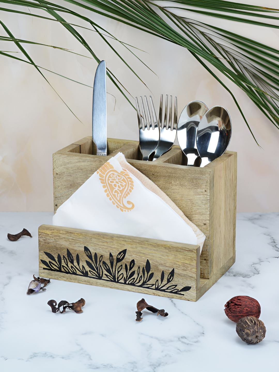 Maison Modern Brown Floral Printed Wood Cutlery Holder