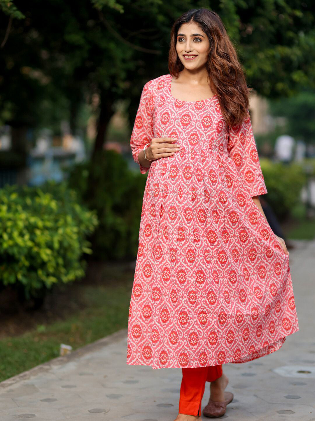 Aujjessa Ethnic Motifs Printed Pure Cotton Maternity Anarkali Kurta