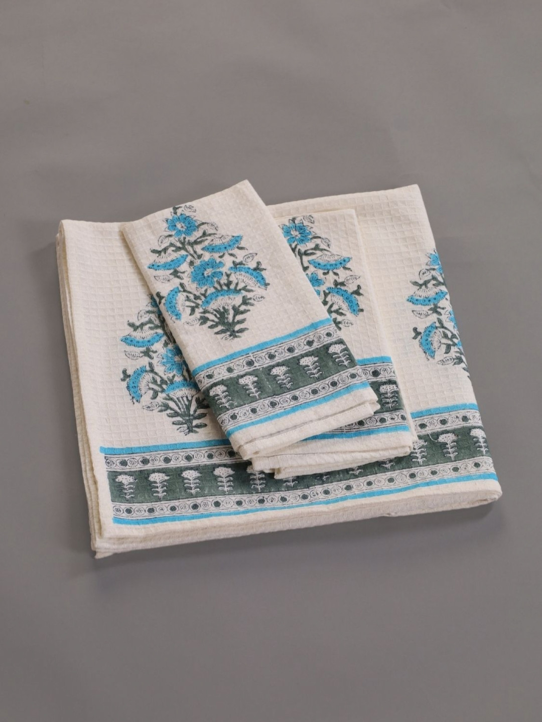 Peepul Tree 3 Pcs White & Blue Block Printed Cotton Waffle Towel Set