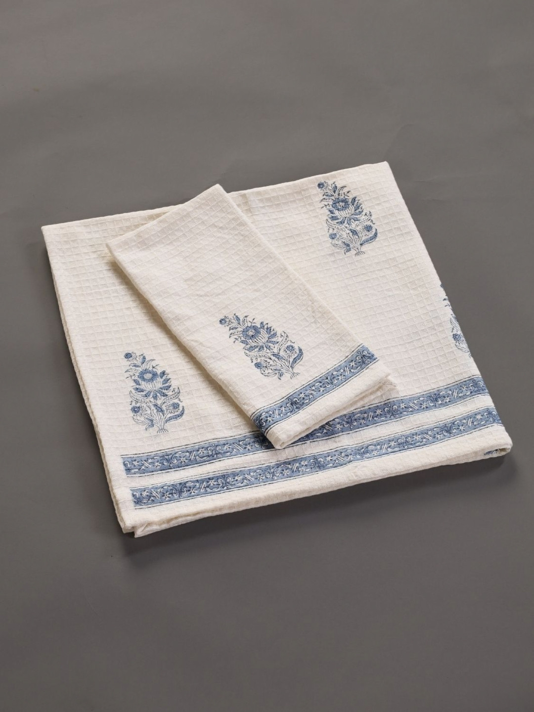 Peepul Tree  Piece of 2 Off White & Blue Block Printed Cotton Hand & Bath Waffle Towel Set