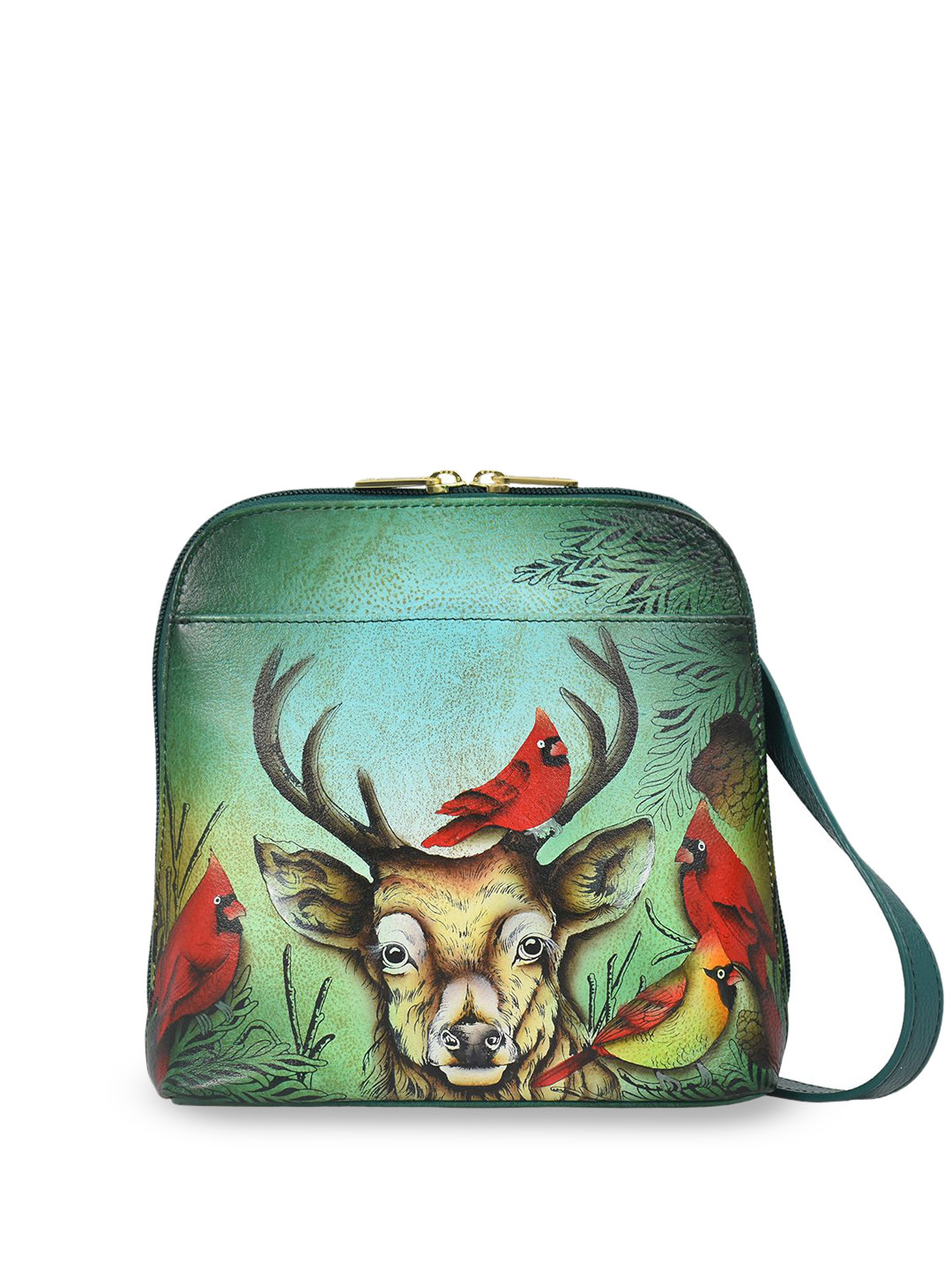 Anuschka Women Deer and Cardinal Hand Painted Leather Small Zip Around Crossbody Handbag