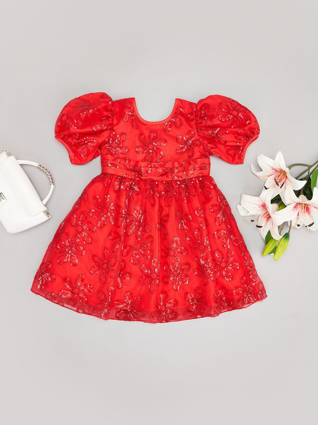 Pantaloons Junior Girl's Embellished Floral Puff Sleeve Fit & Flare Dress